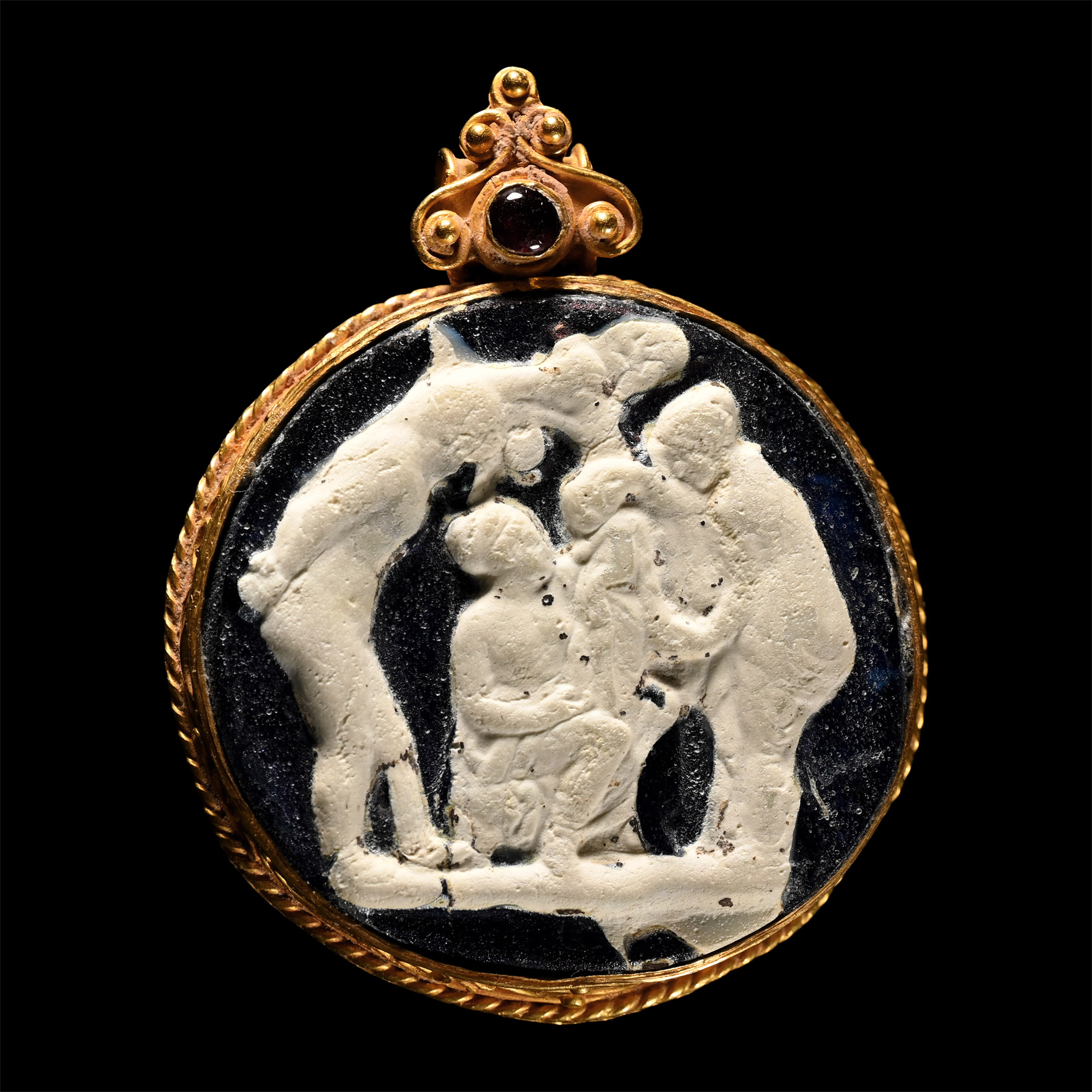 Roman Glass Cameo Tondo with Baby Dionysos, Raised by Nymphs on Mount Nysa, in Gold Pendant Setting
