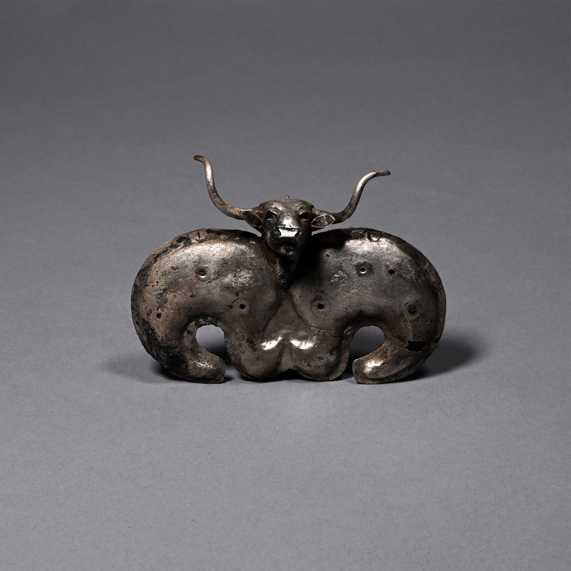 Large Proto-Elamite Silver Pendant with Bull's Head