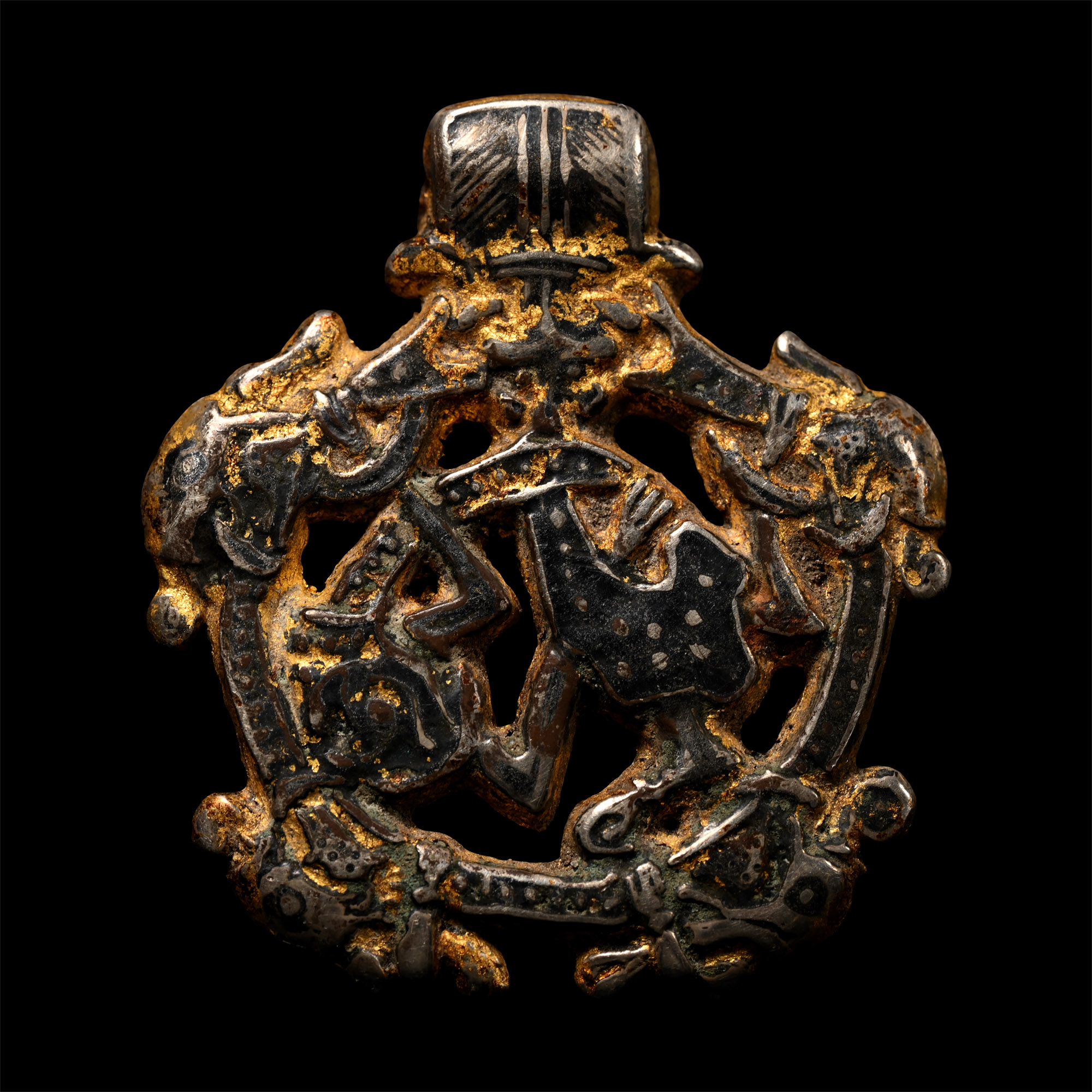 Scandinavian Viking Silver-Gilt Oseberg Style Gripping Beast Pendant