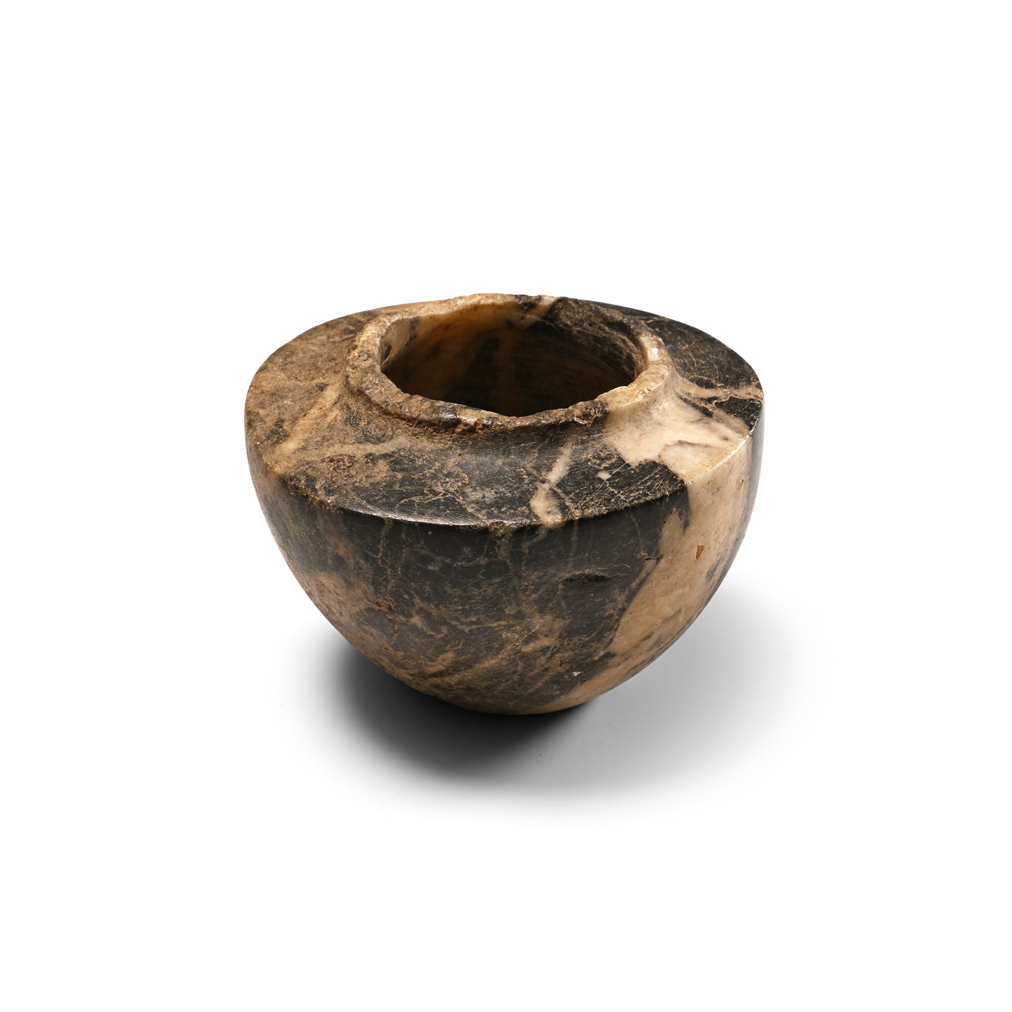 Sumerian Stone Pyxis in Veined Black and White Stone