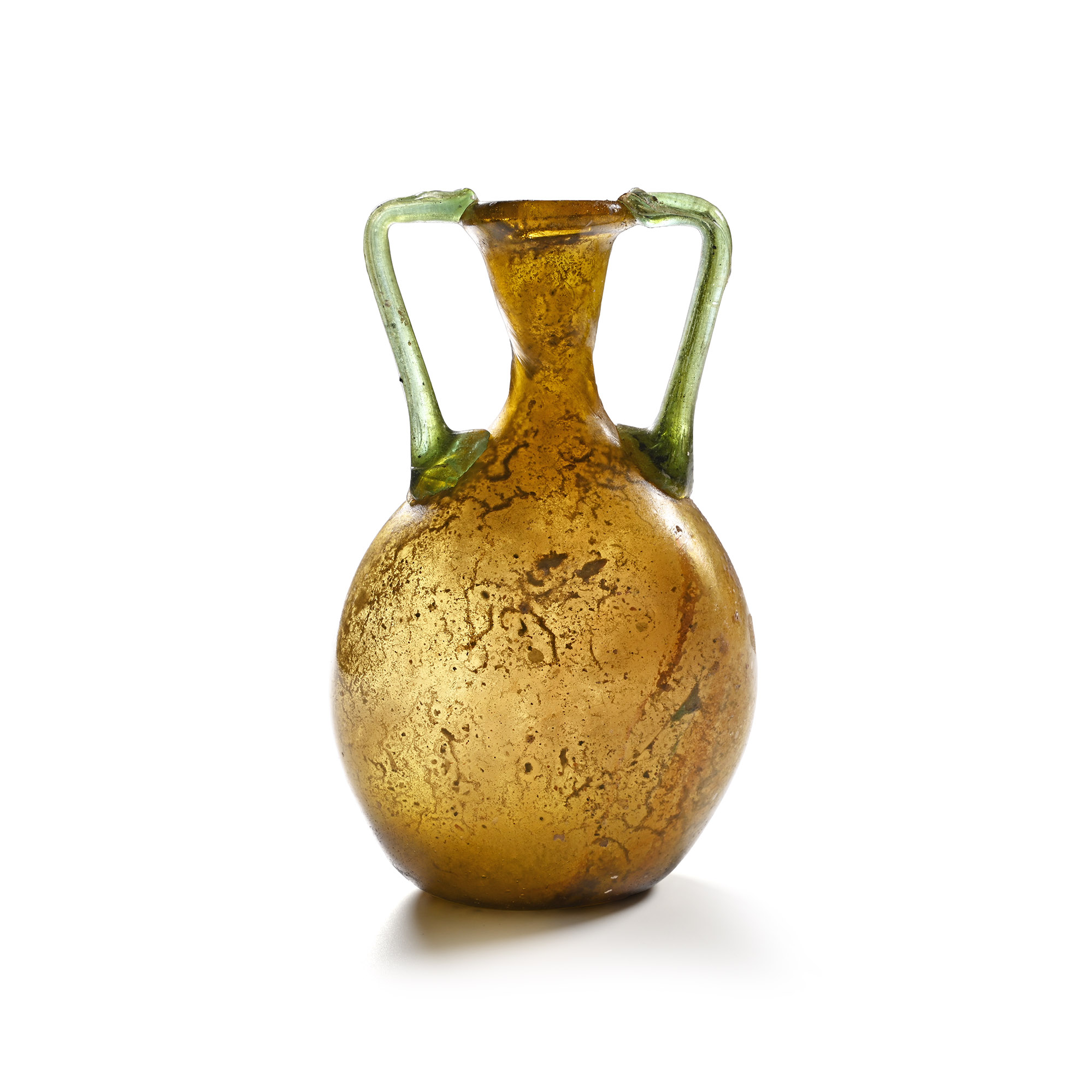 Roman Honey and Green Double-Handled Glass Pilgrim's Flask