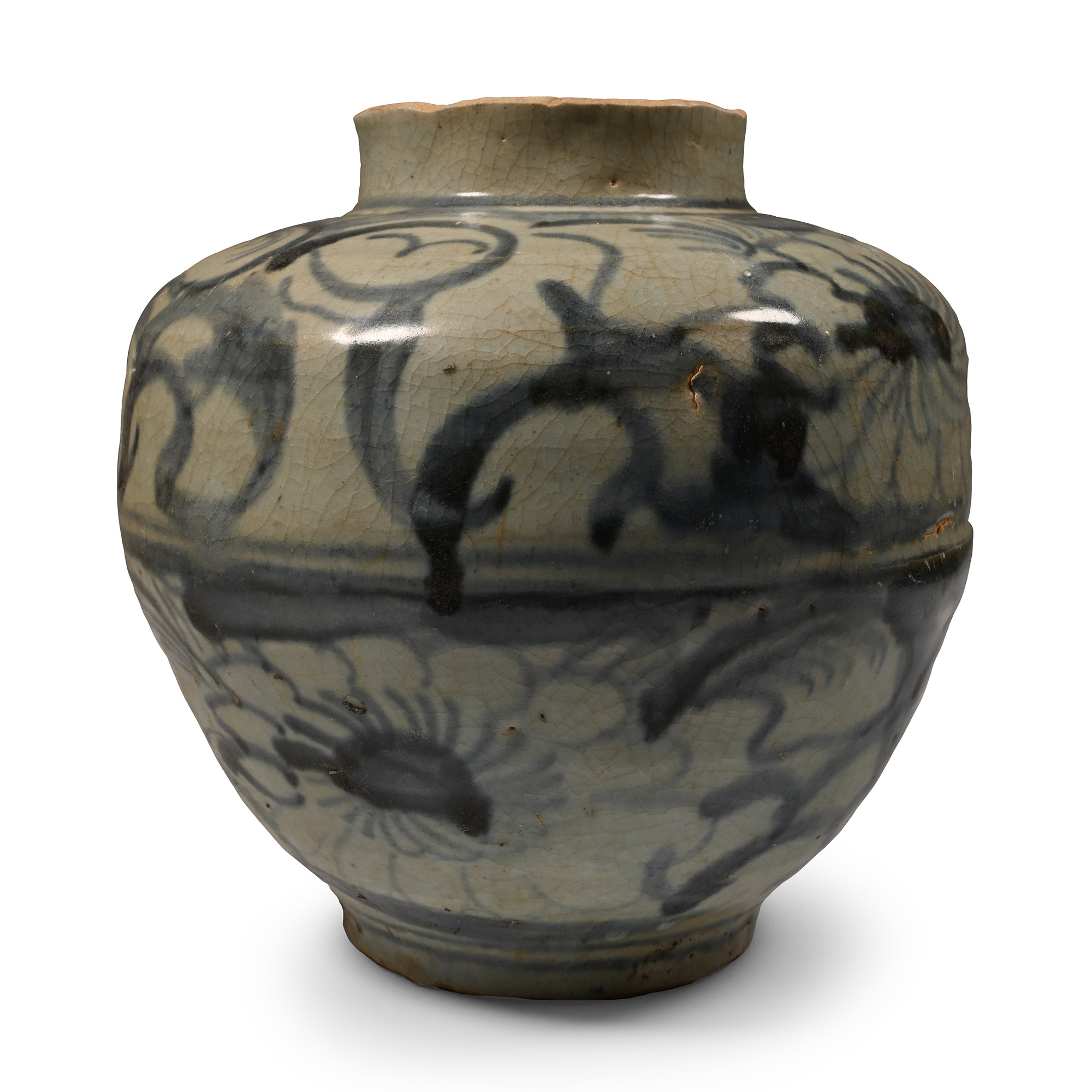 Chinese Yuan Glazed Blue and White Jar with Peony Design