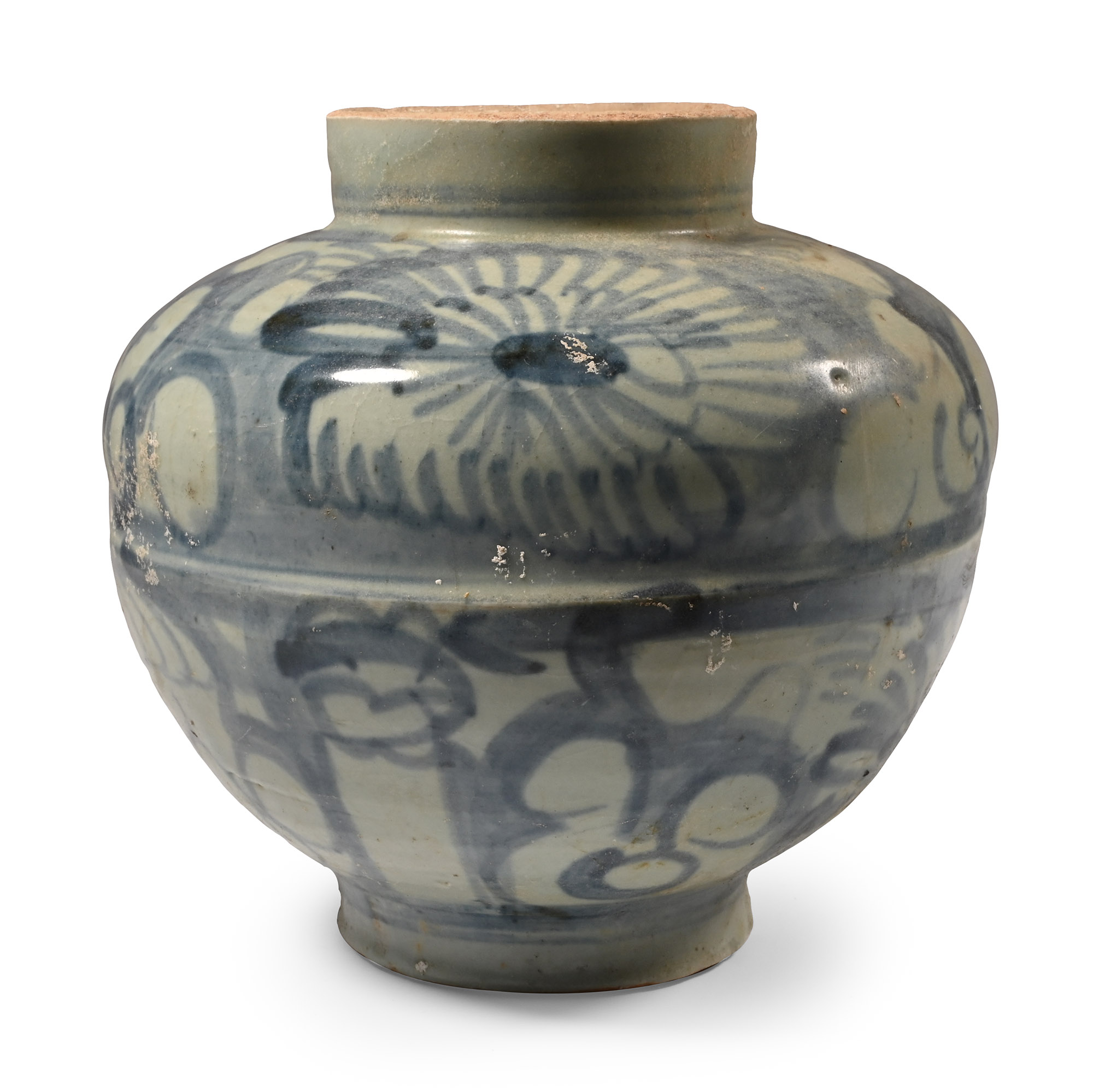 Chinese Yuan Glazed Blue and White Jar with Peony Design