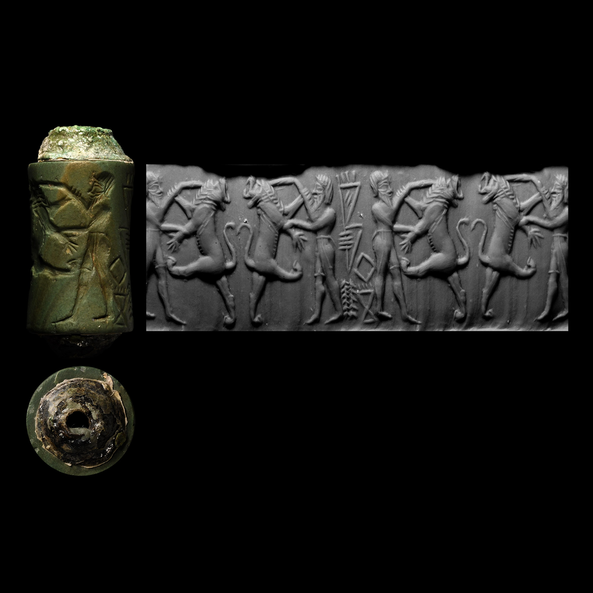 Akkadian Green Jasper Cylinder Seal with Hero