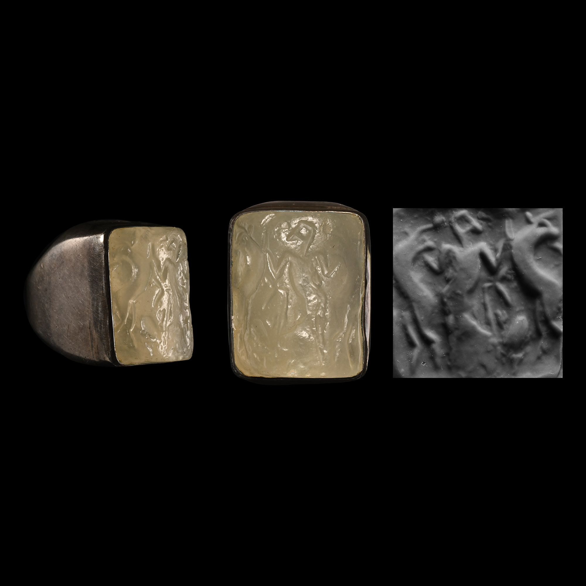 Akkadian Rock Crystal Cylinder Seal Section in Silver Ring