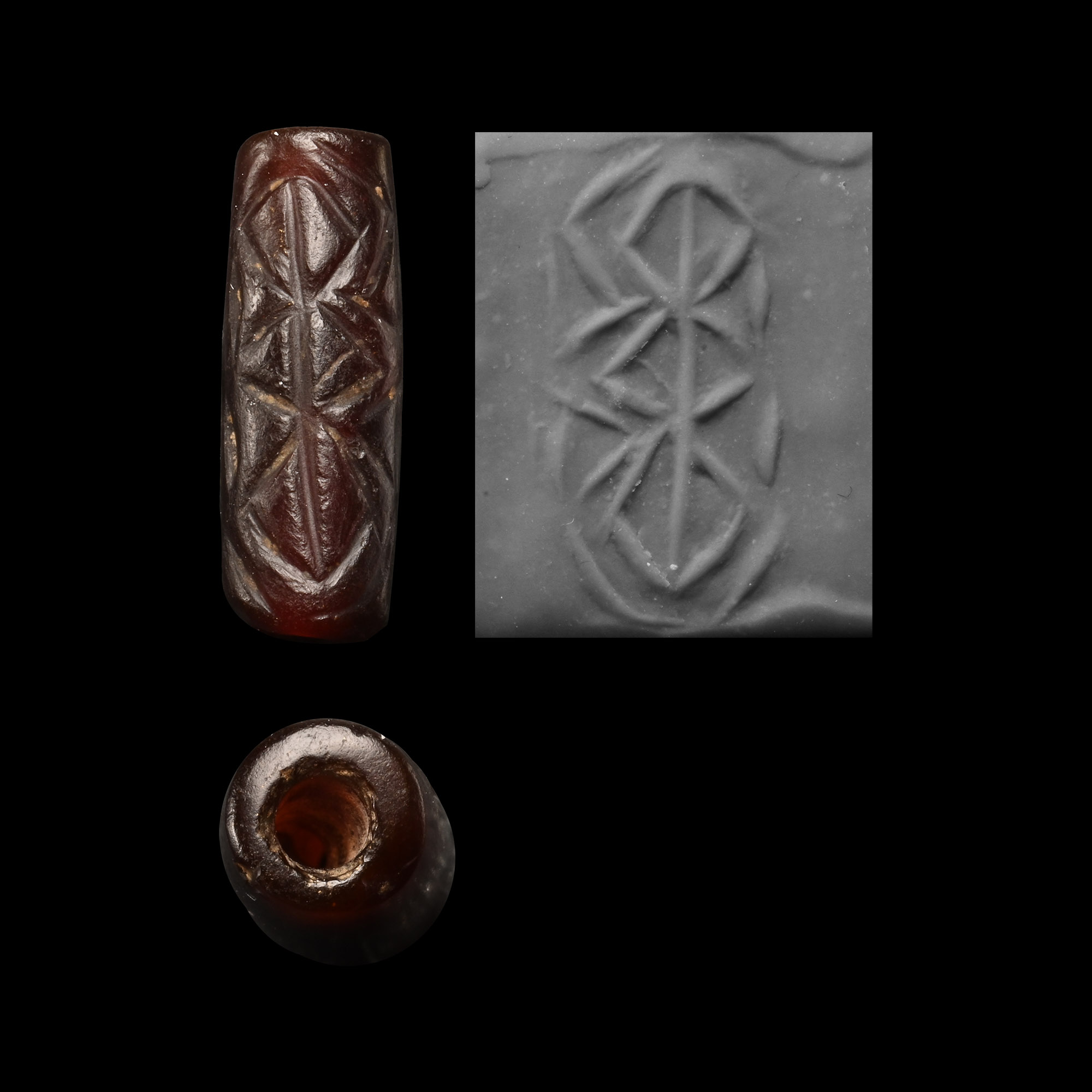 Old Babylonian Red Agate Cylinder Seal with Geometric Design