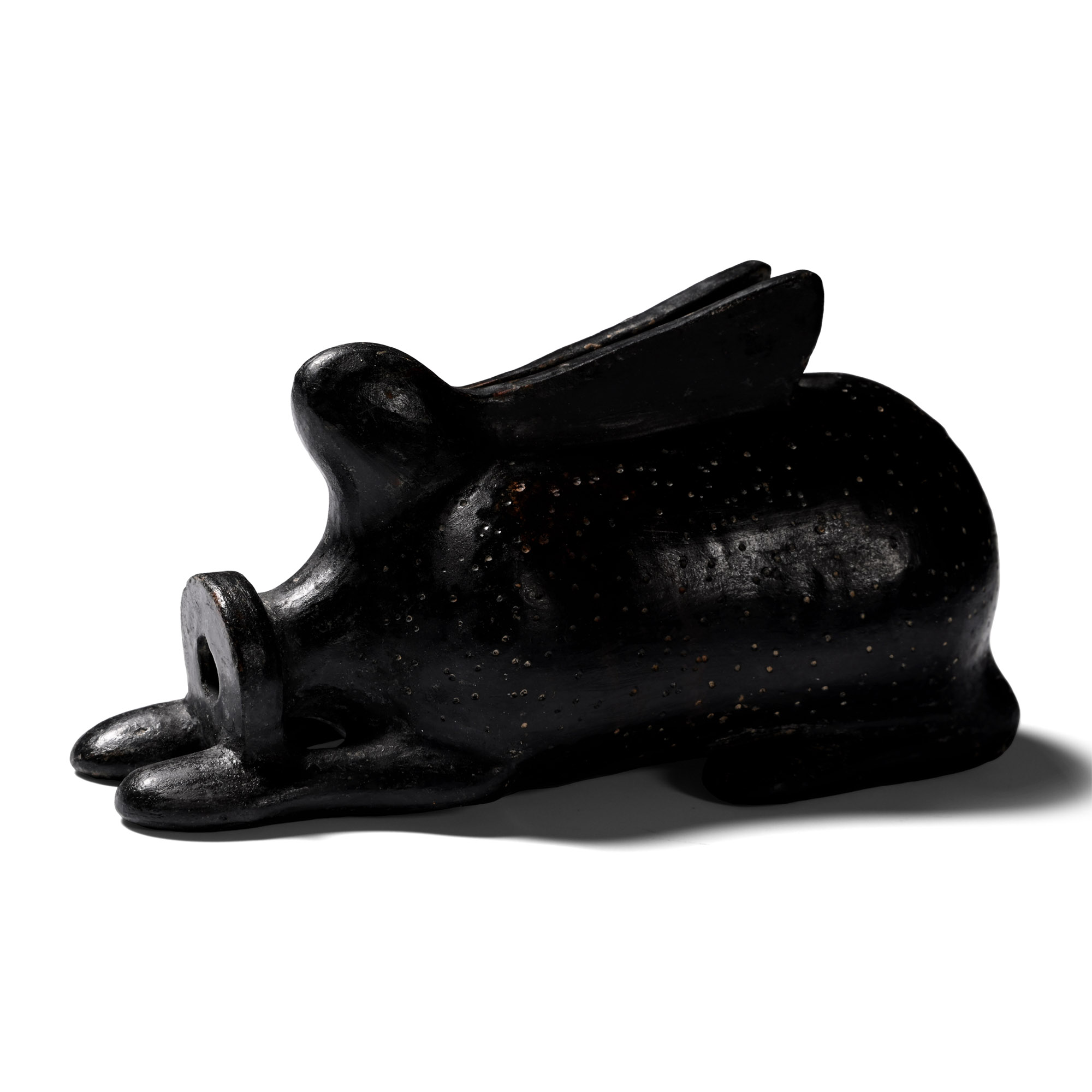 Greek Style Black Glazed Aryballos in the Shape of a Hare