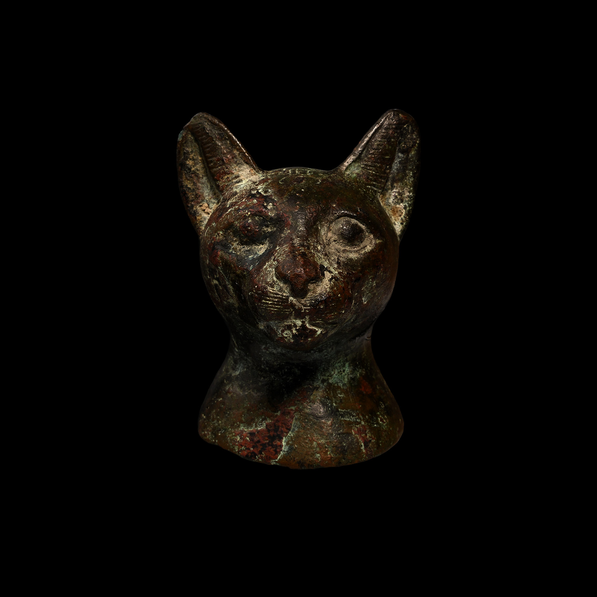 Egyptian Bronze Cat Head with Incised Scarab