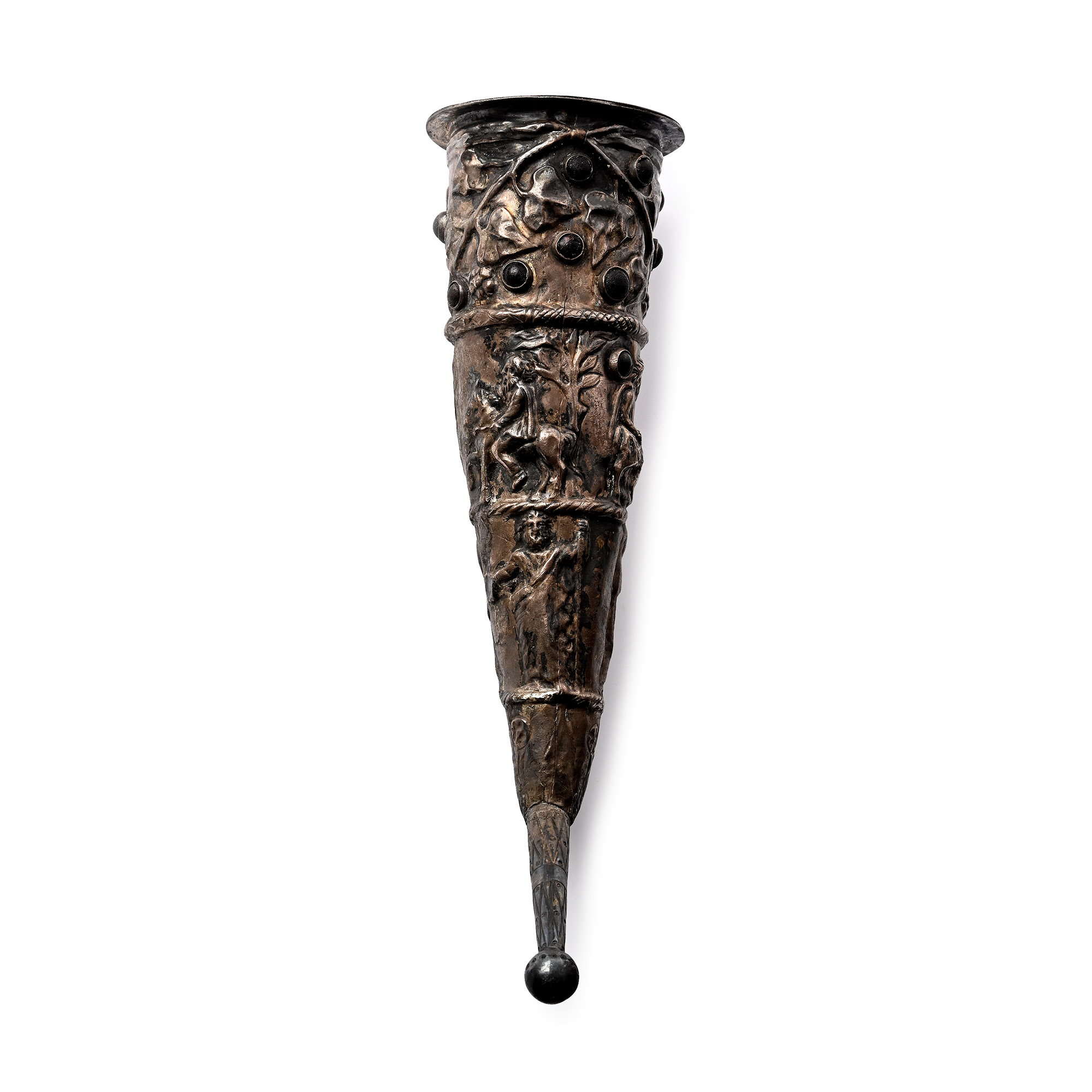 Greek Silver Rhyton with Mythological Scenes and Glass Inlays