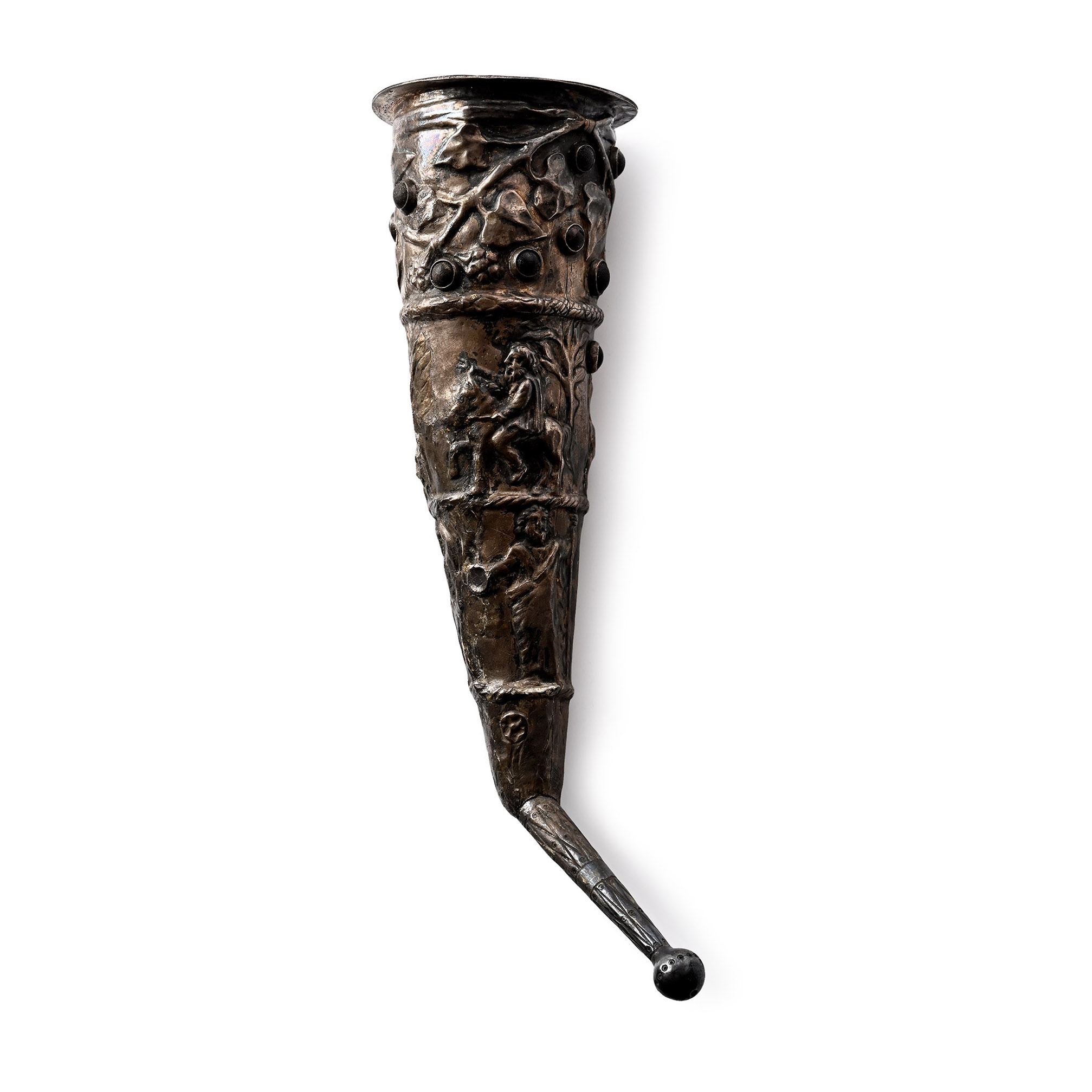 Greek Silver Rhyton with Mythological Scenes and Glass Inlays
