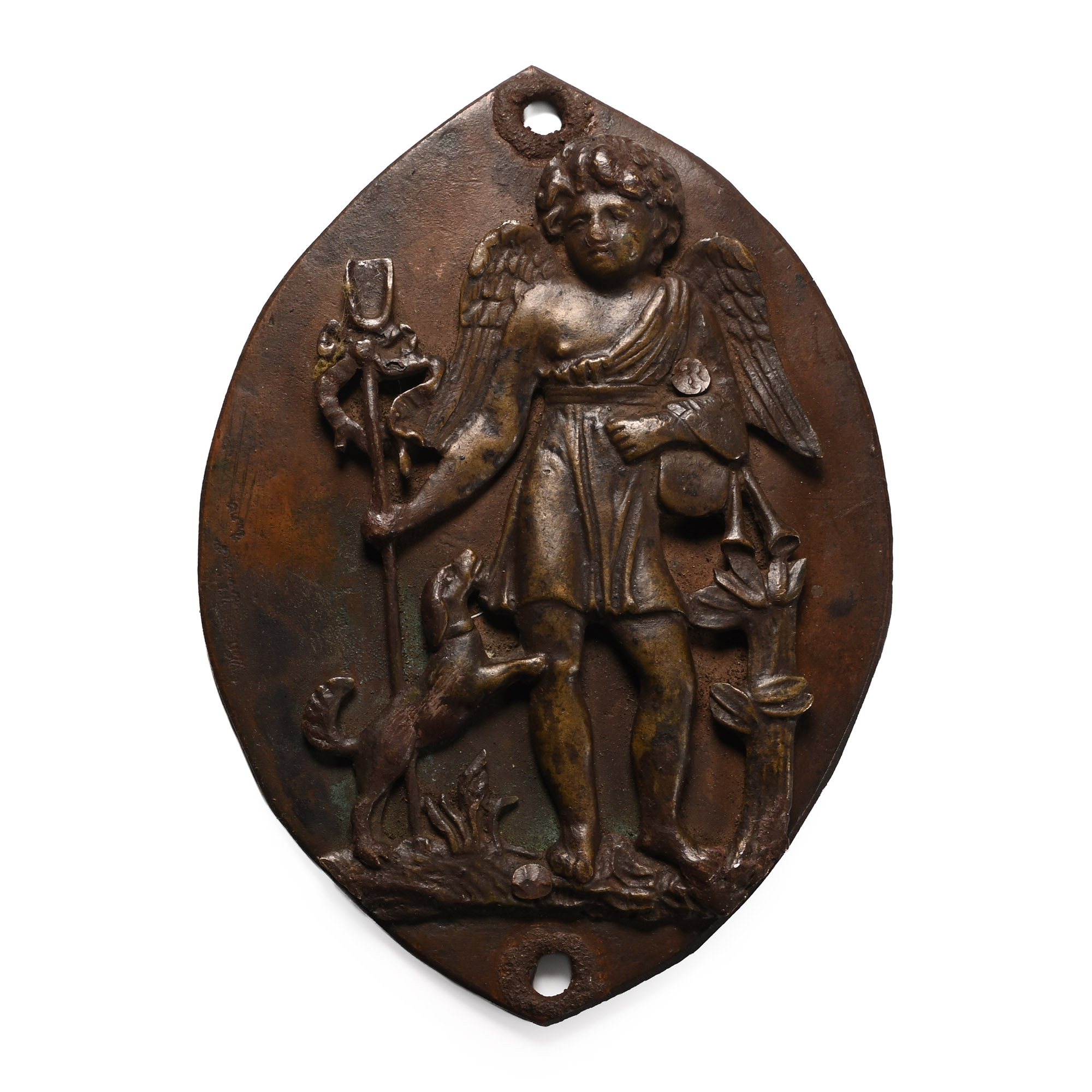 Post Medieval Bronze Vesica-Shaped Plaque with Saint