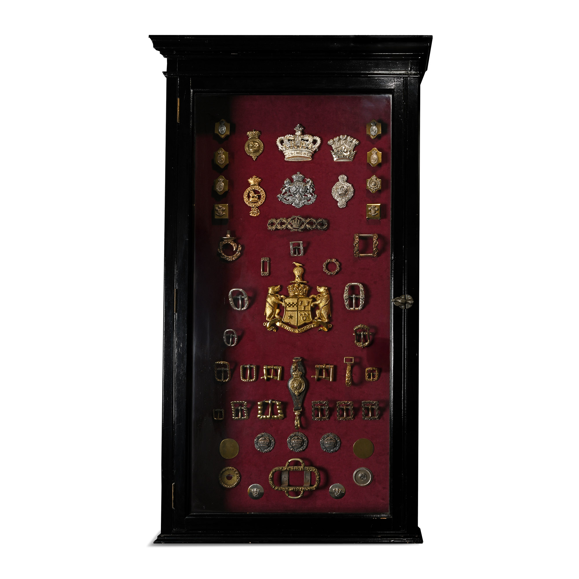 Wall Cabinet Containing an Assembly of Military and Livery Badges