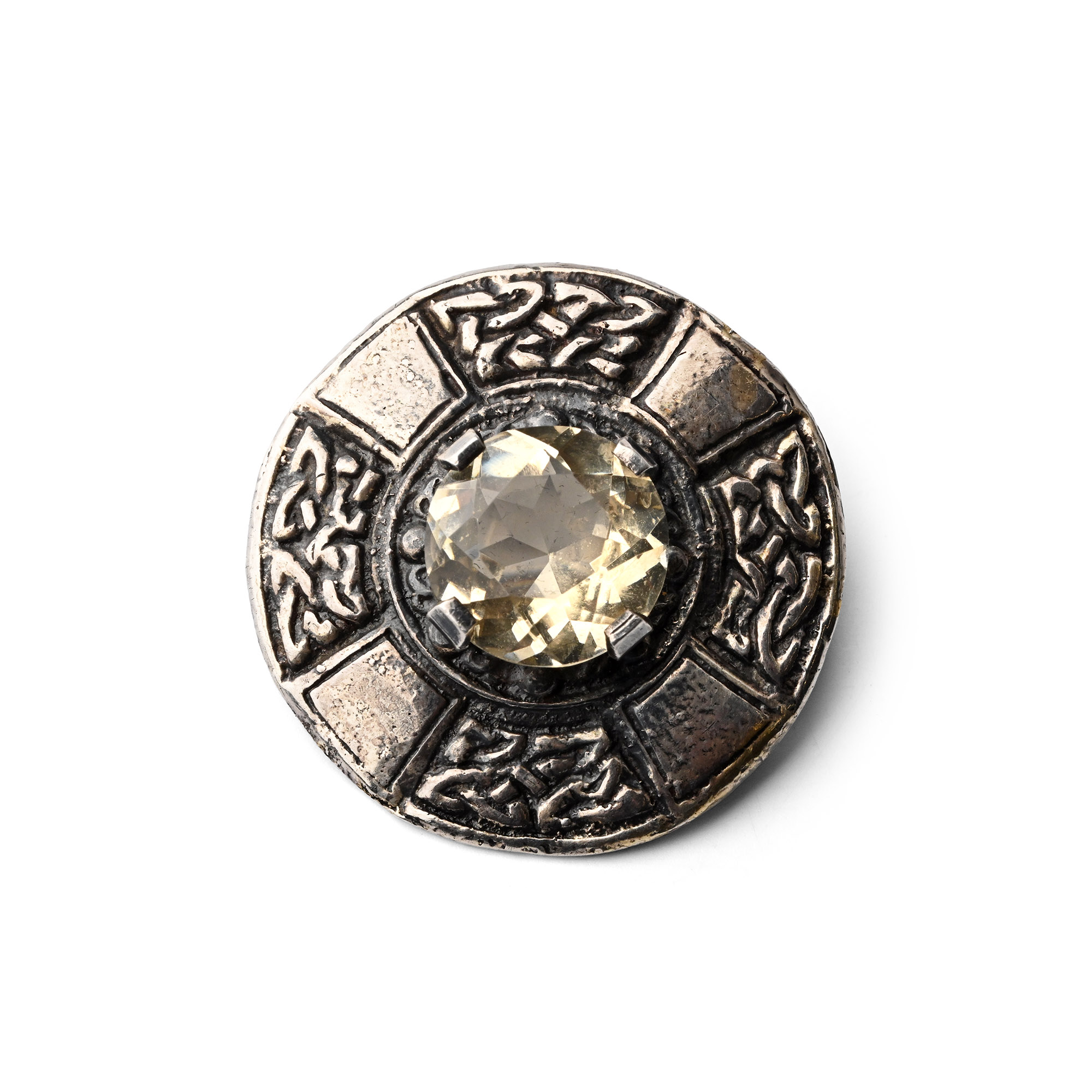 Vintage Celtic Revival Silver Brooch with Yellow Quartz