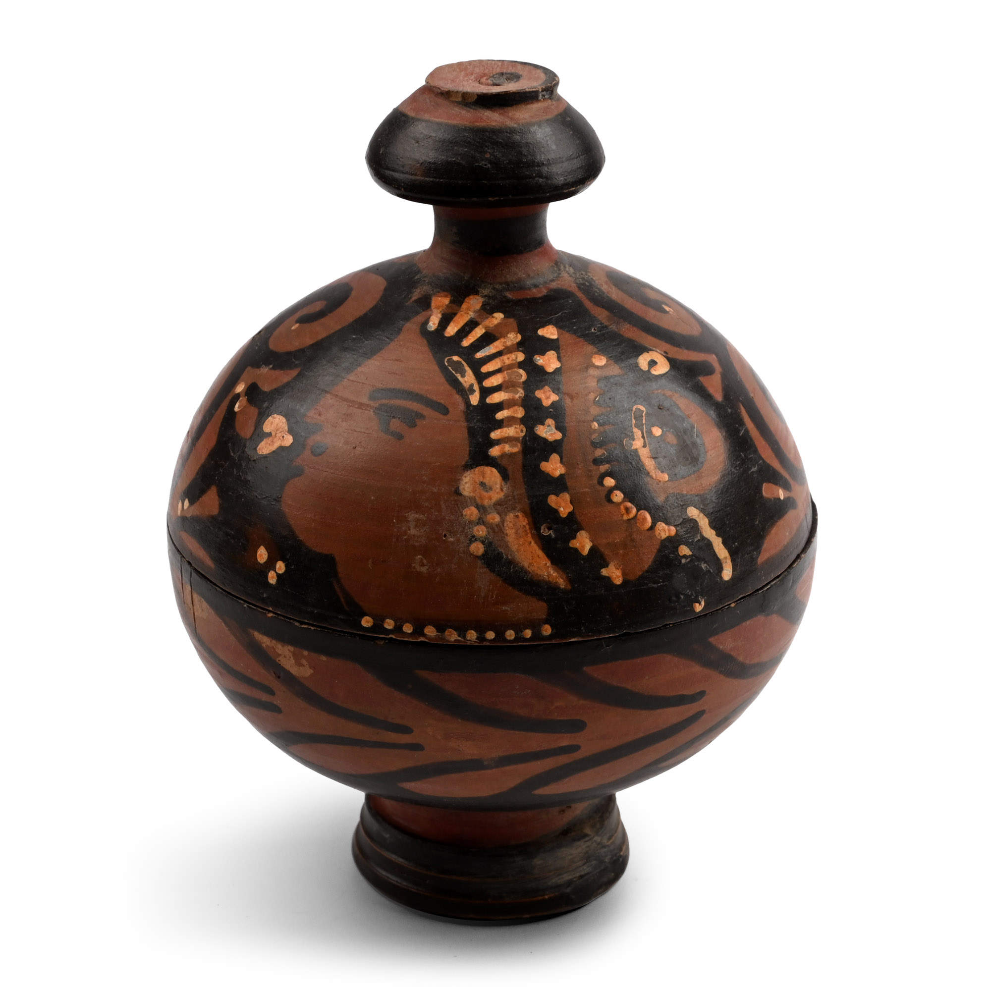 Greek Apulian Black-Glazed Lidded Pyxis with Lady of Fashion