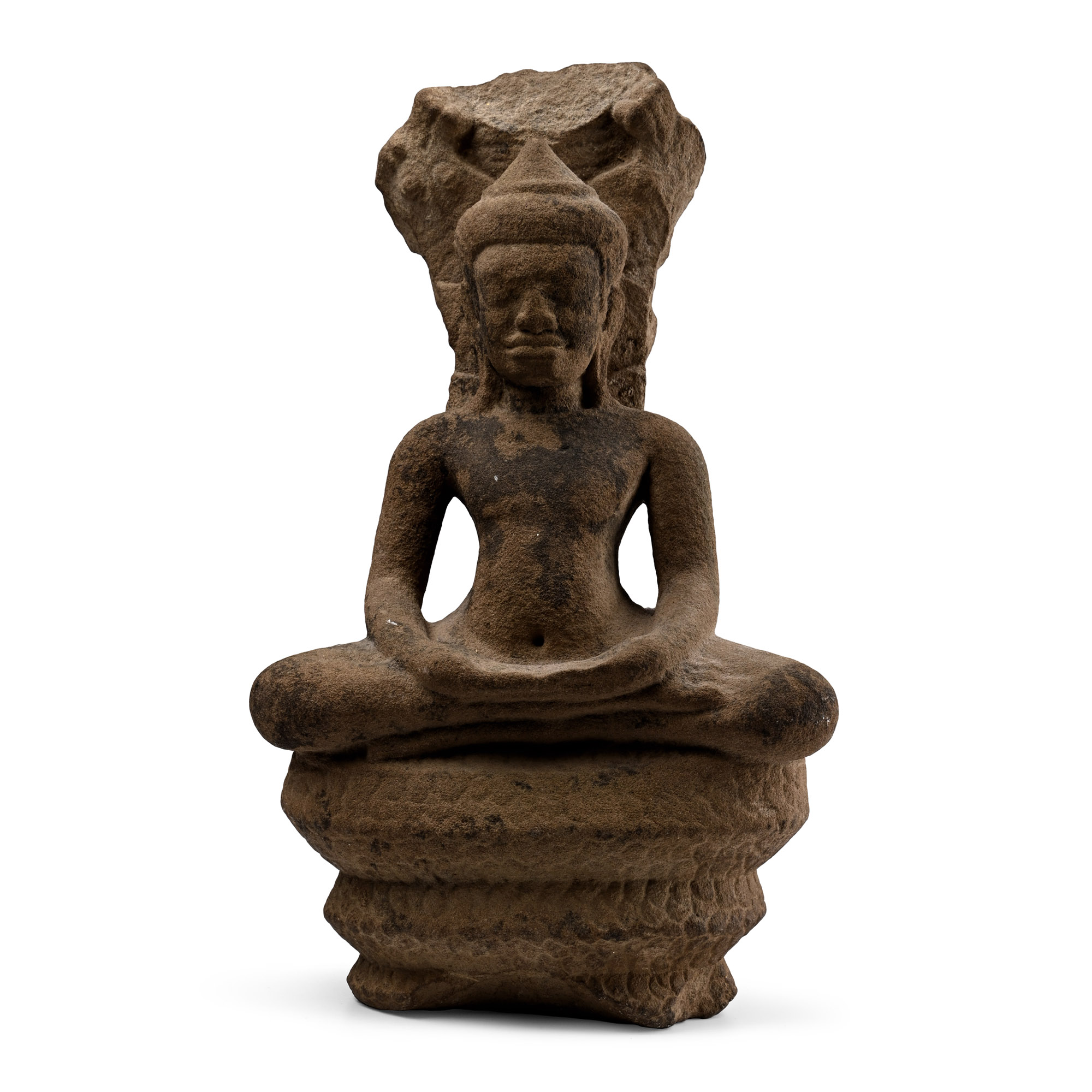 South East Asian Sandstone Statue of Naga-Enthroned Meditating Buddha