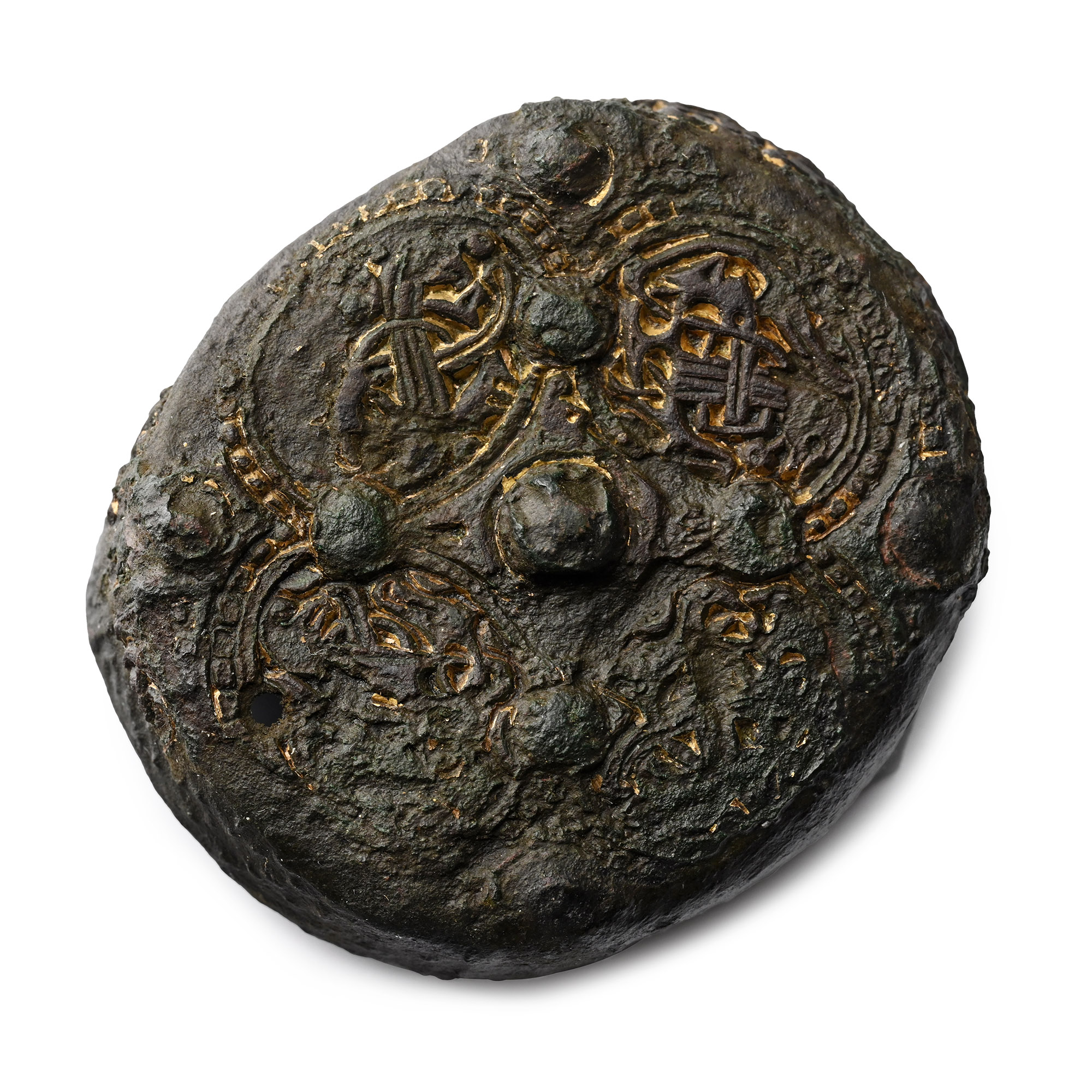 Viking Gilt Bronze Drum Brooch with Oseberg Beast Panels