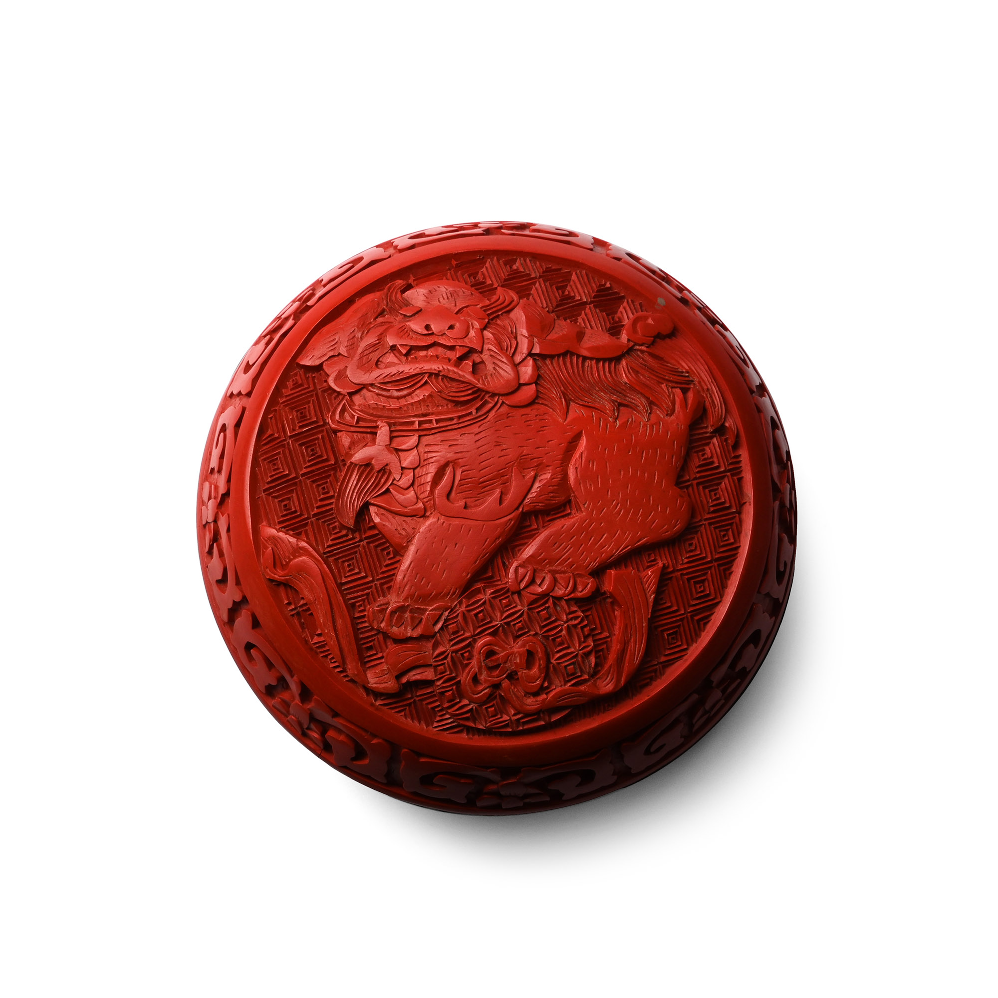 Chinese Cinnabar Lacquer Bronze Trinket Box with Guardian Lion