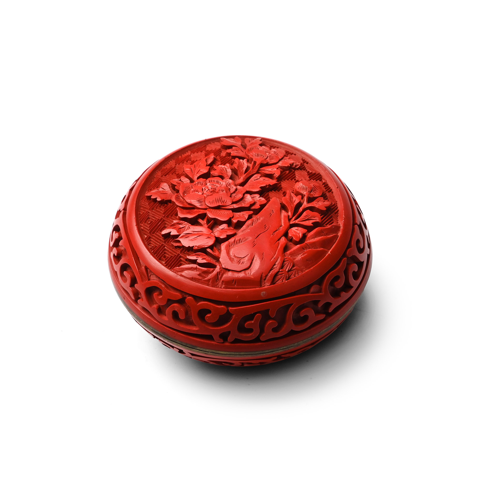 Chinese Cinnabar Lacquer Bronze Trinket Box with Flowers
