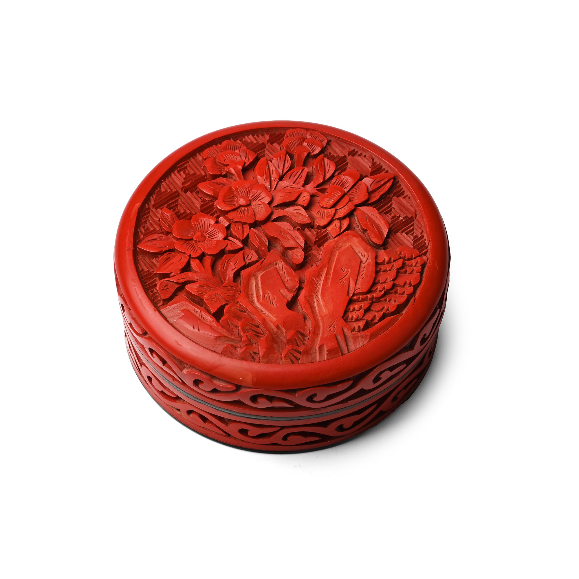 Chinese Cinnabar Lacquer Bronze Trinket Box with Floral Lid
