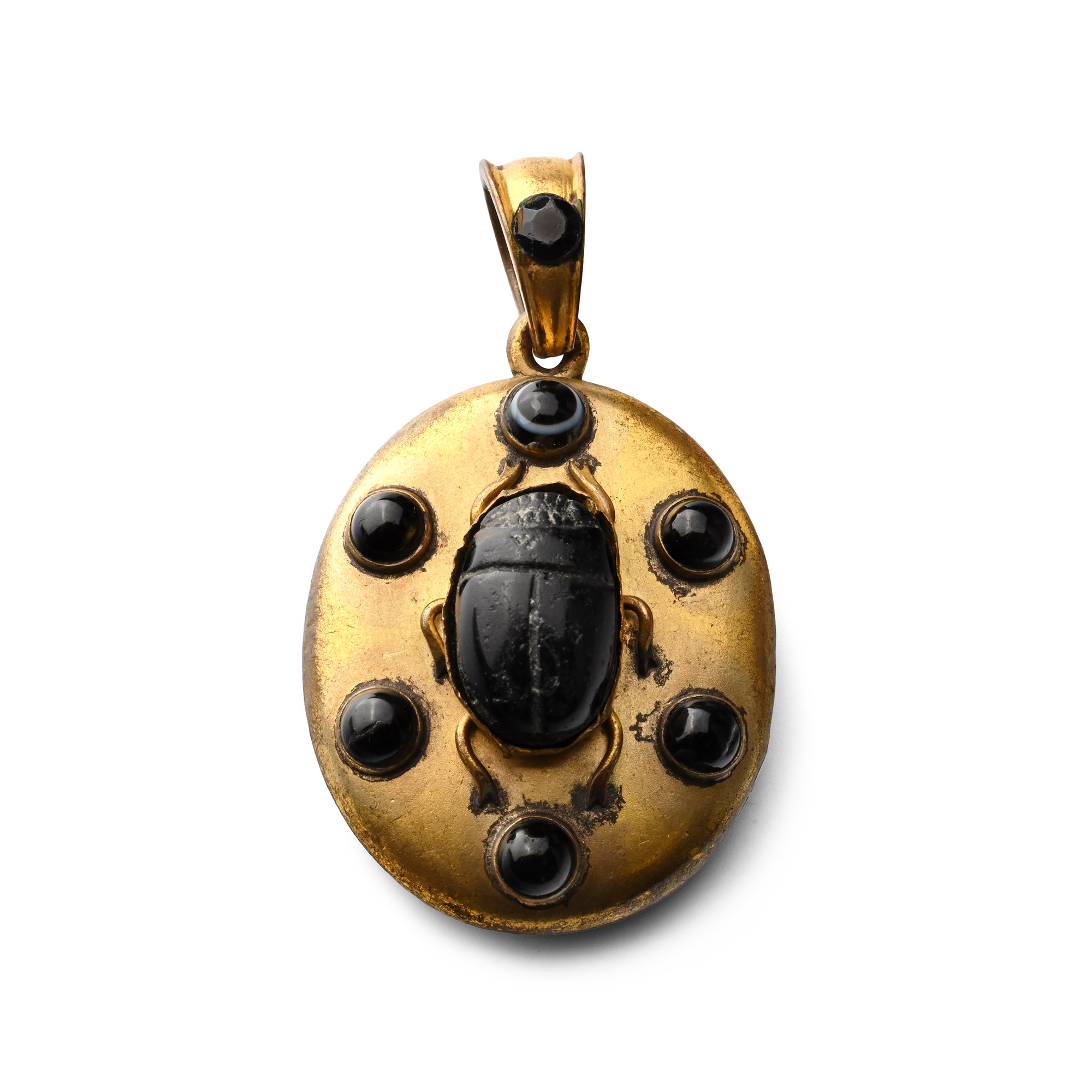 Egyptian Black Stone Scarab in Gilt Bronze Memorial Locket