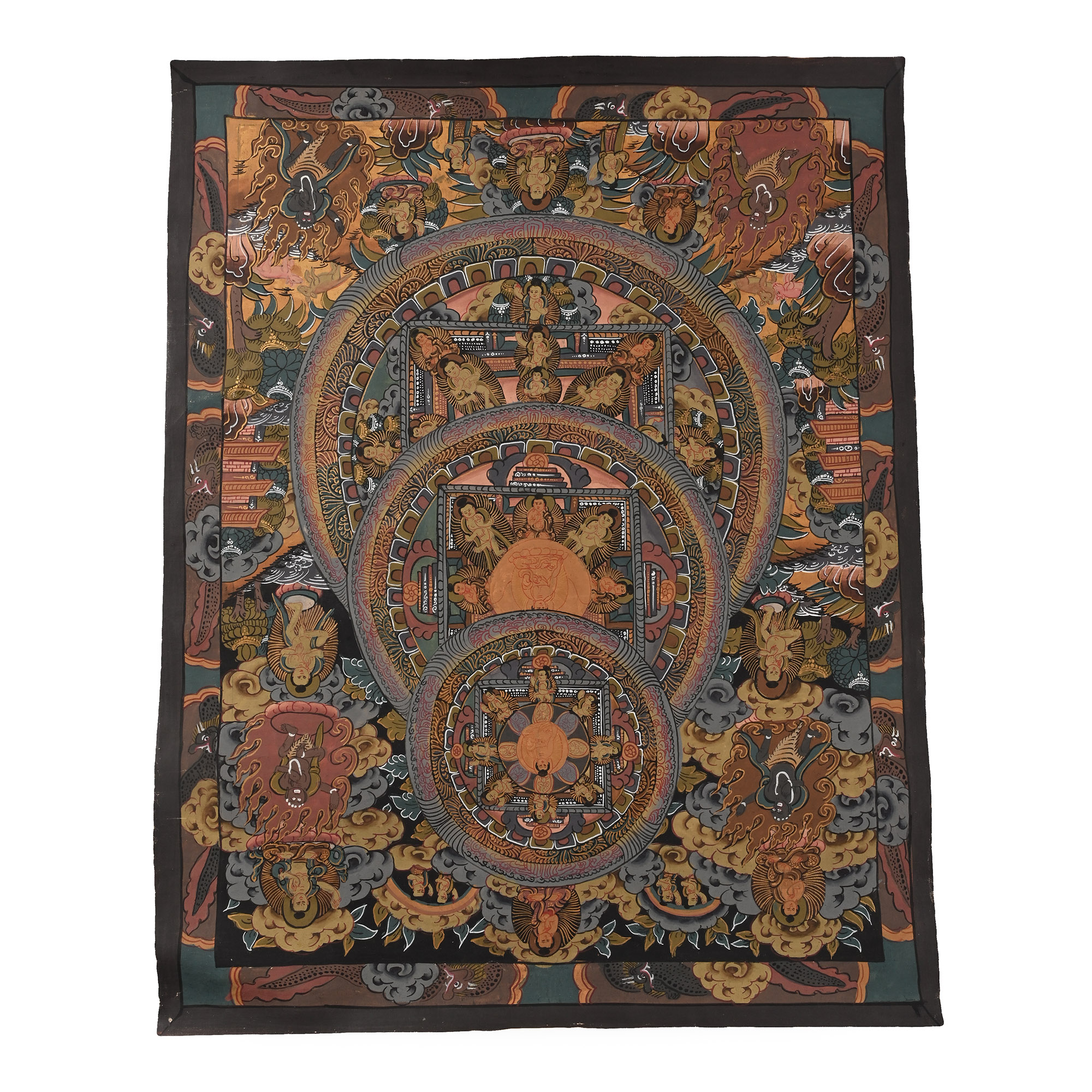 Vintage Tibetan Buddhist Hand-Painted Illuminated Thangka