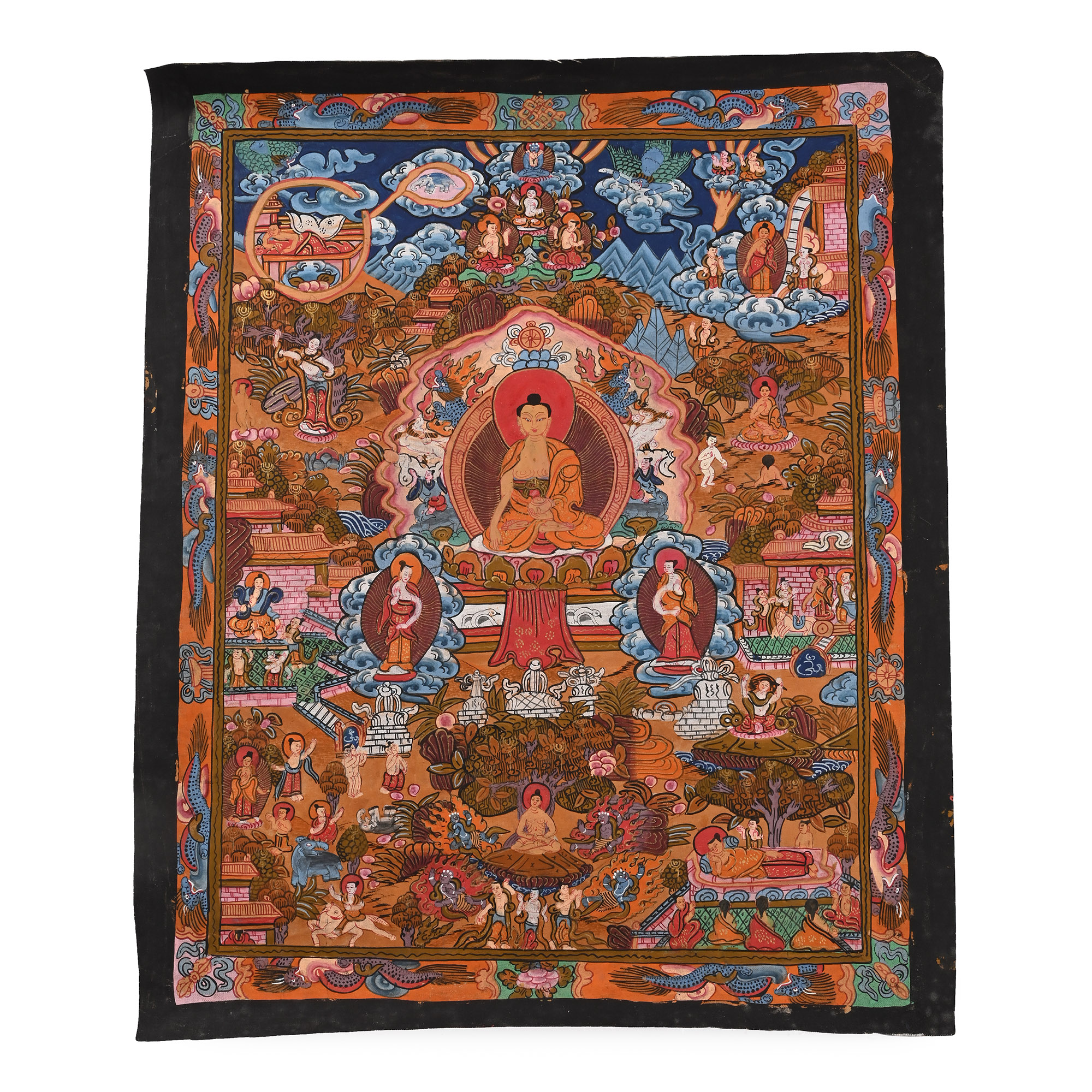 Vintage Tibetan Buddhist Hand-Painted Illuminated Thangka