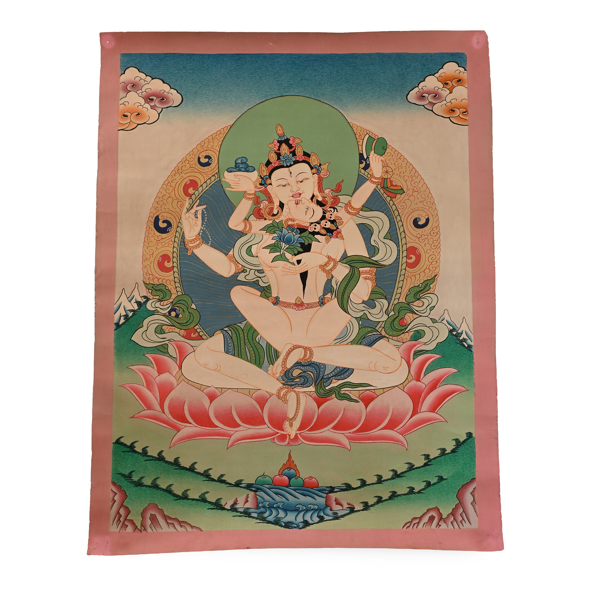 Vintage Tibetan Buddhist Hand-Painted Illuminated Thangka