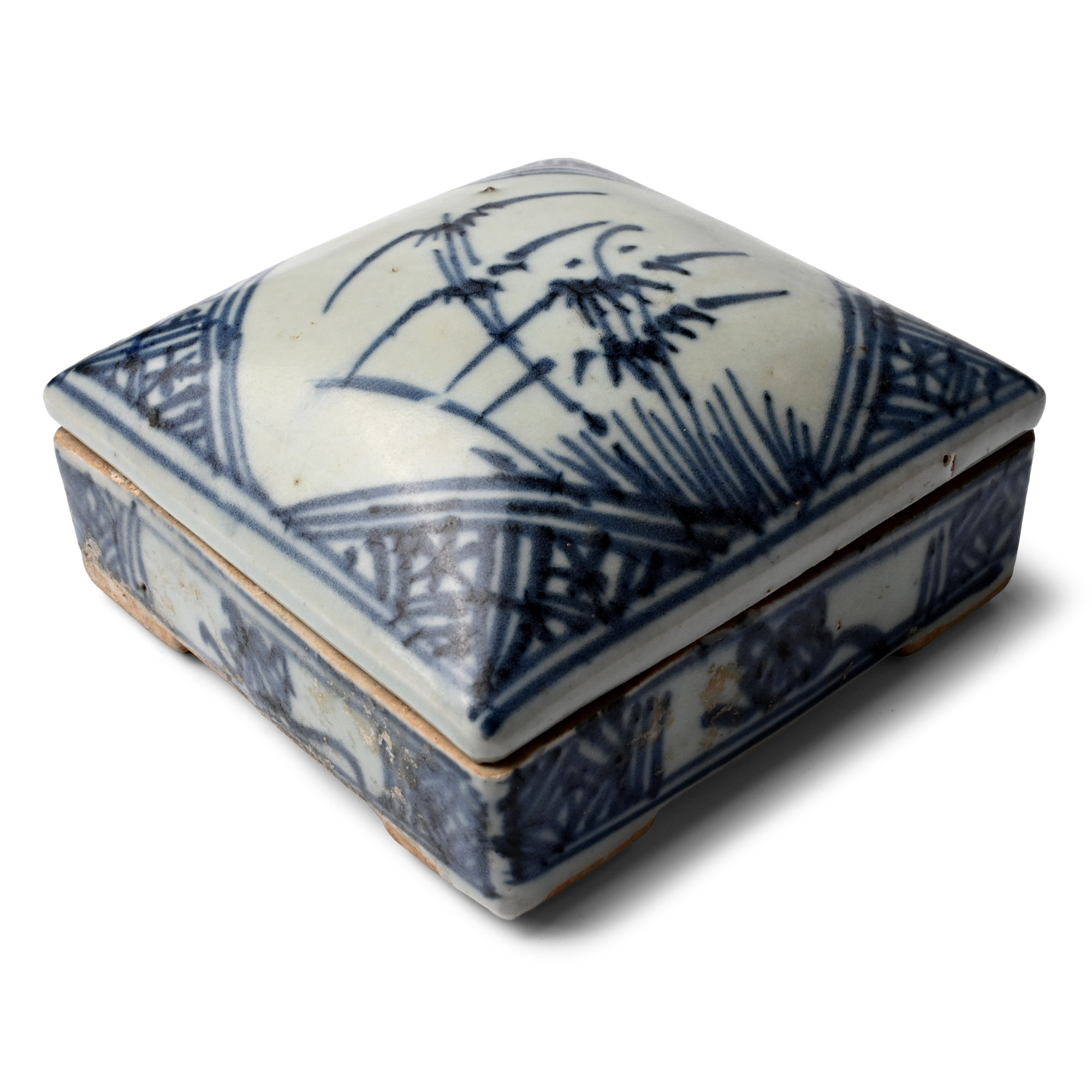 Chinese Blue and White Painted Lidded Trinket Box with Internal Text