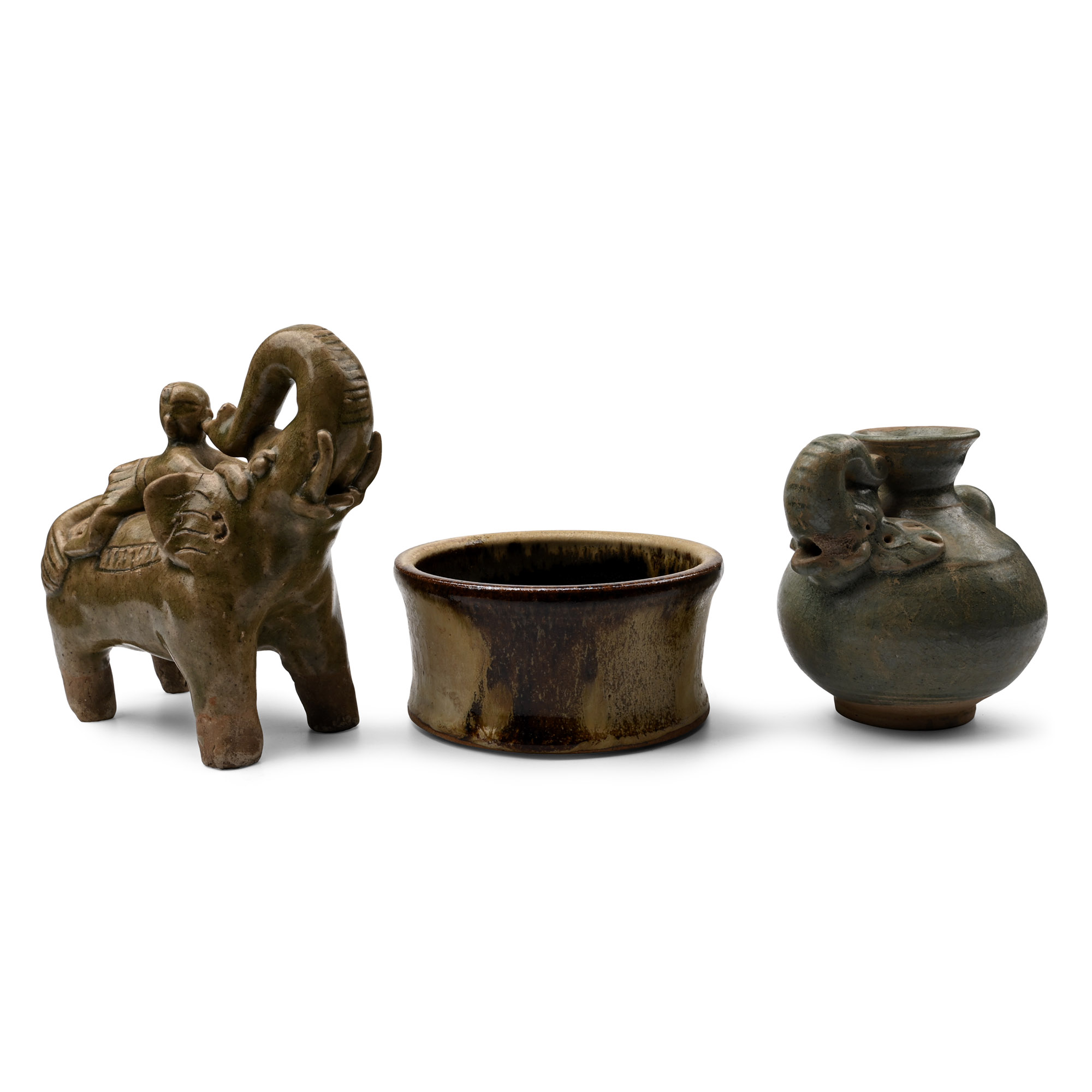 South East Asian Glazed Vessel and Elephant Group
