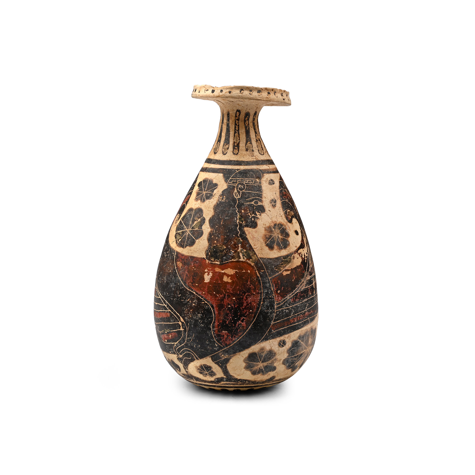 Greek Corinthian Aryballos with Winged Deity and Swan
