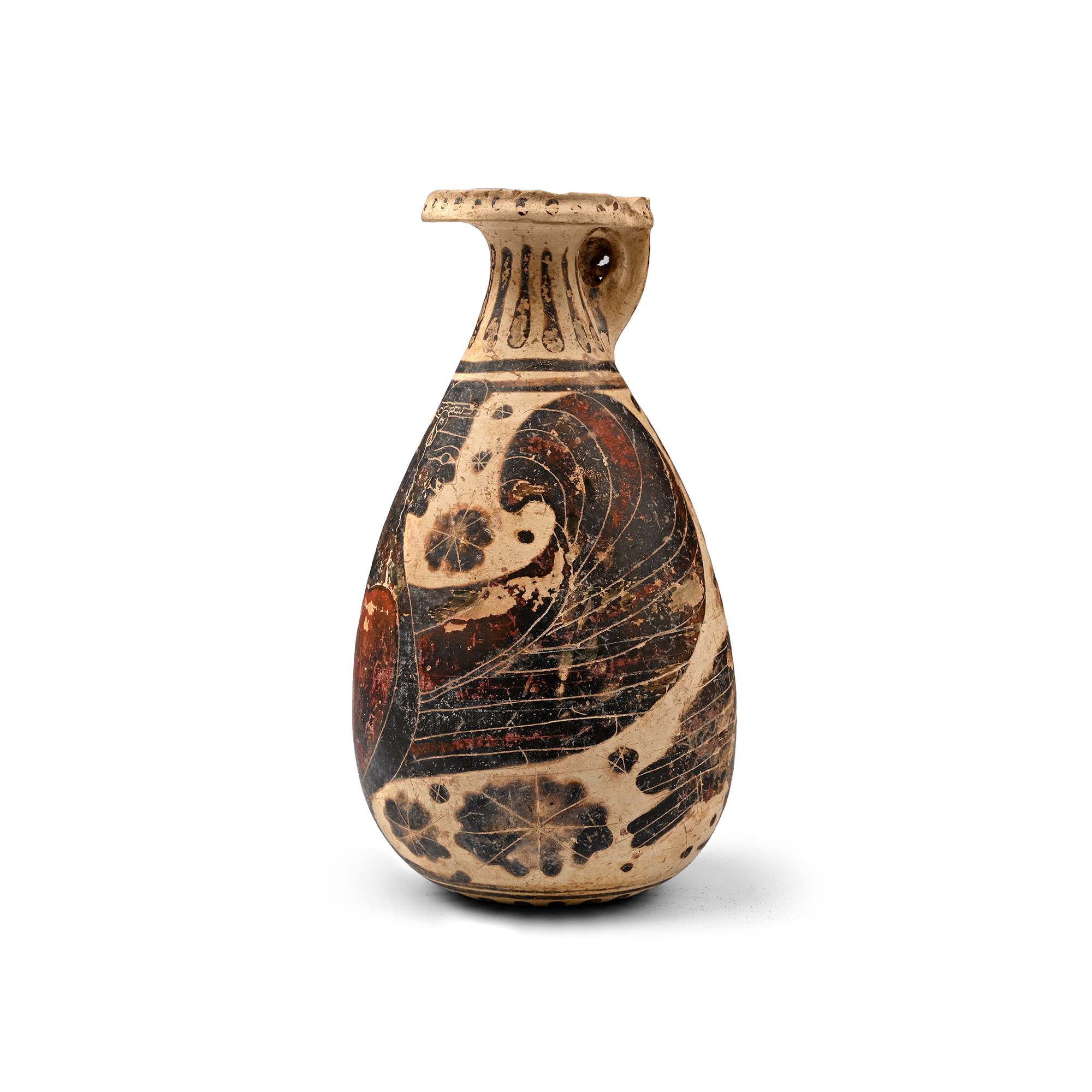 Greek Corinthian Aryballos with Winged Deity and Swan
