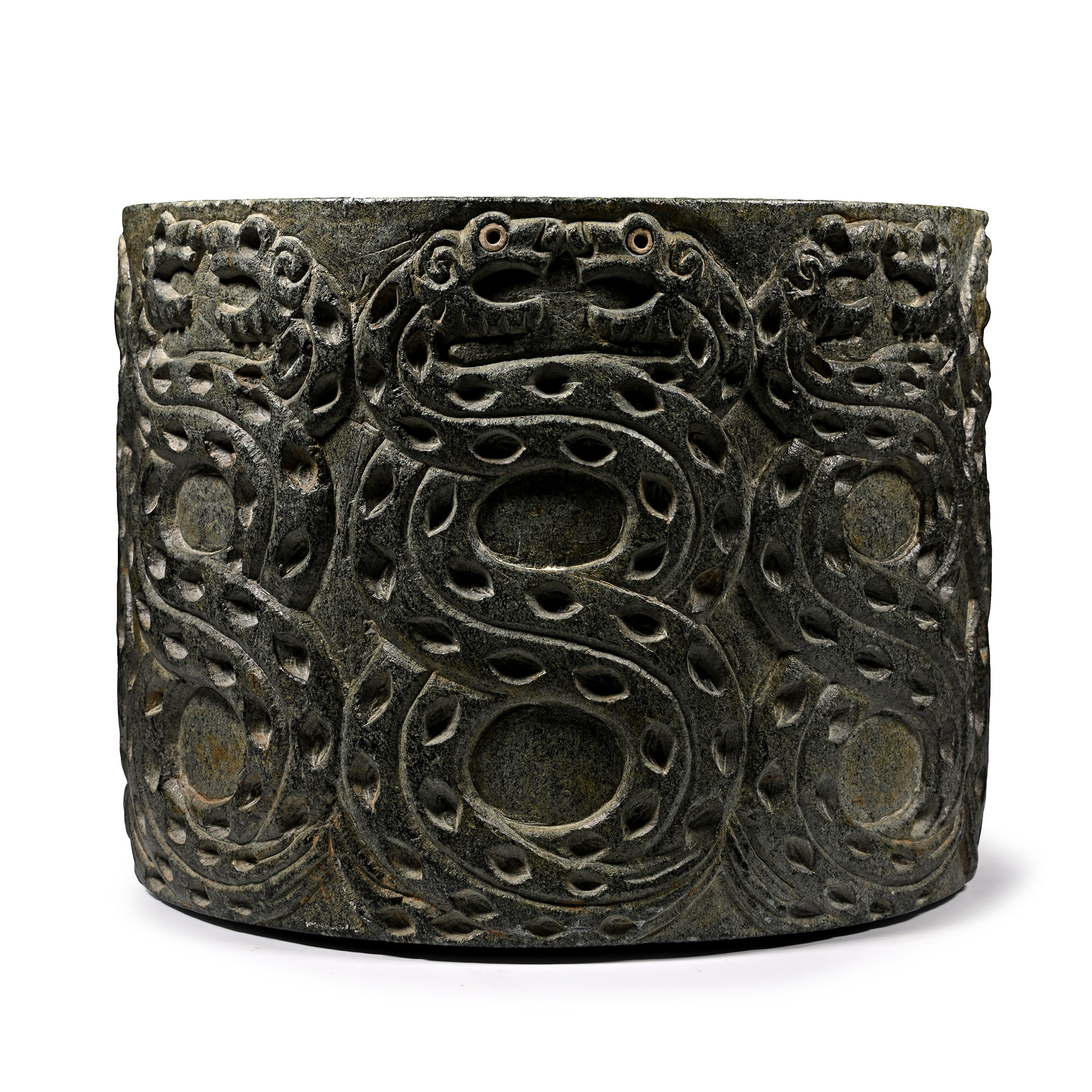 Large Bactrian Black Chlorite Vessel with Opposing Pairs of Serpents