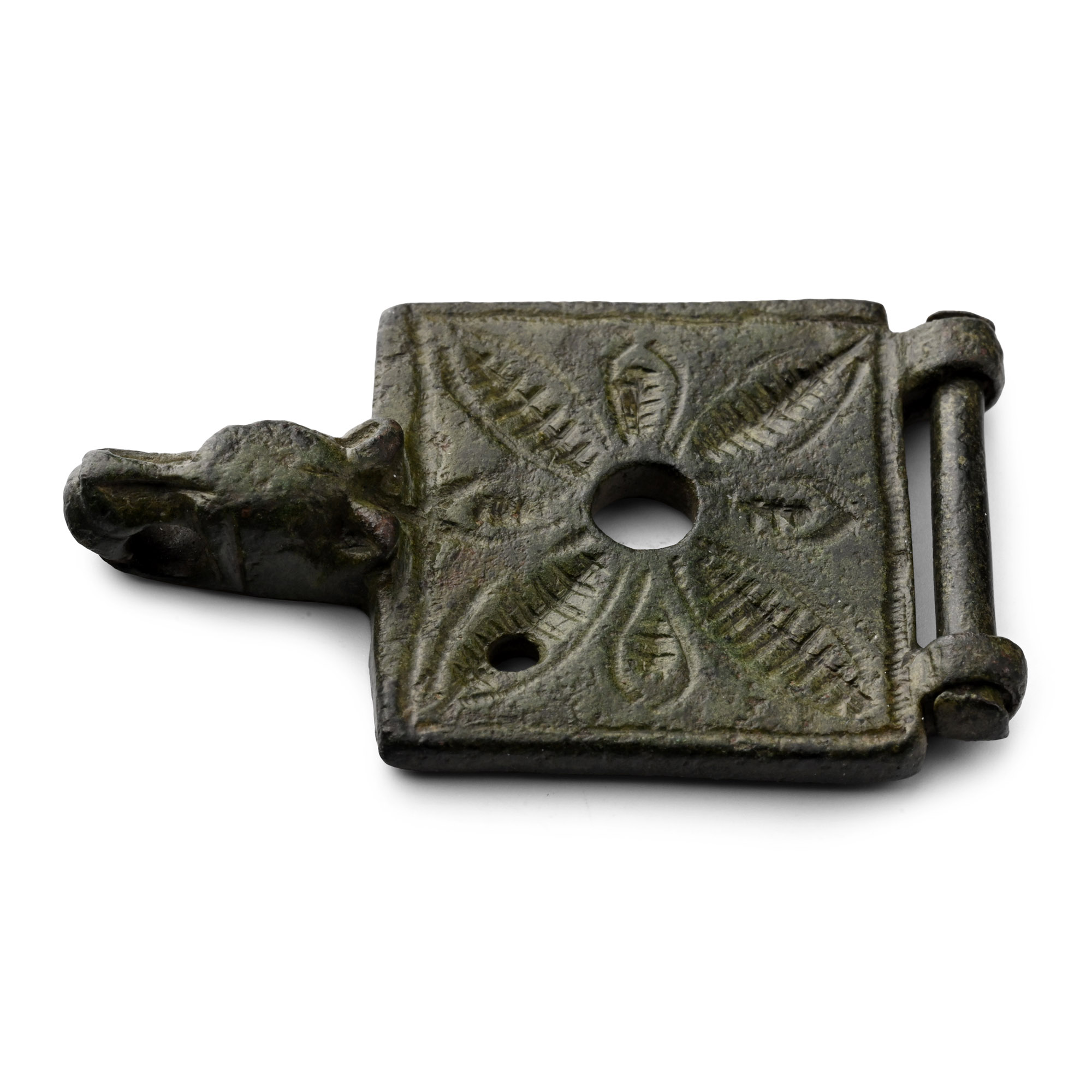 Medieval Bronze Manuscript Clasp with Wolf's Head