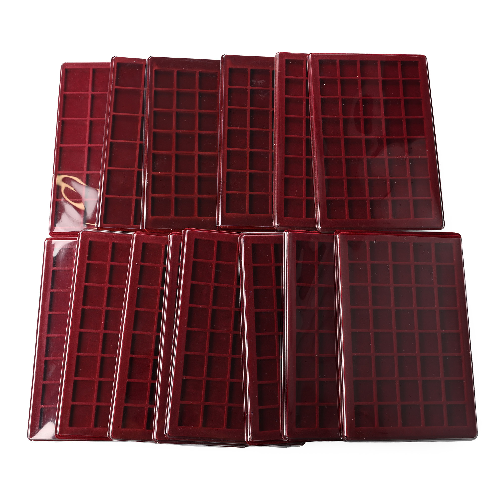Group of Fourteen Red Velour Coin Trays.