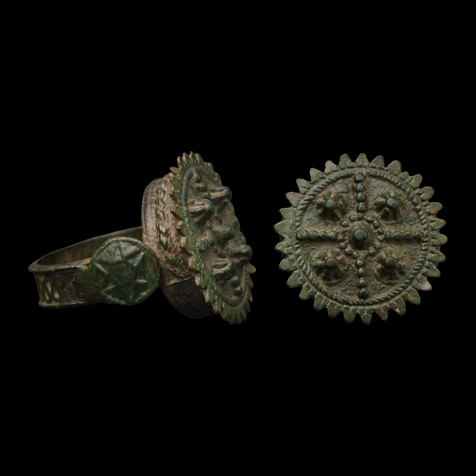 Stuart Period Bronze Ring with Cross and Bosses