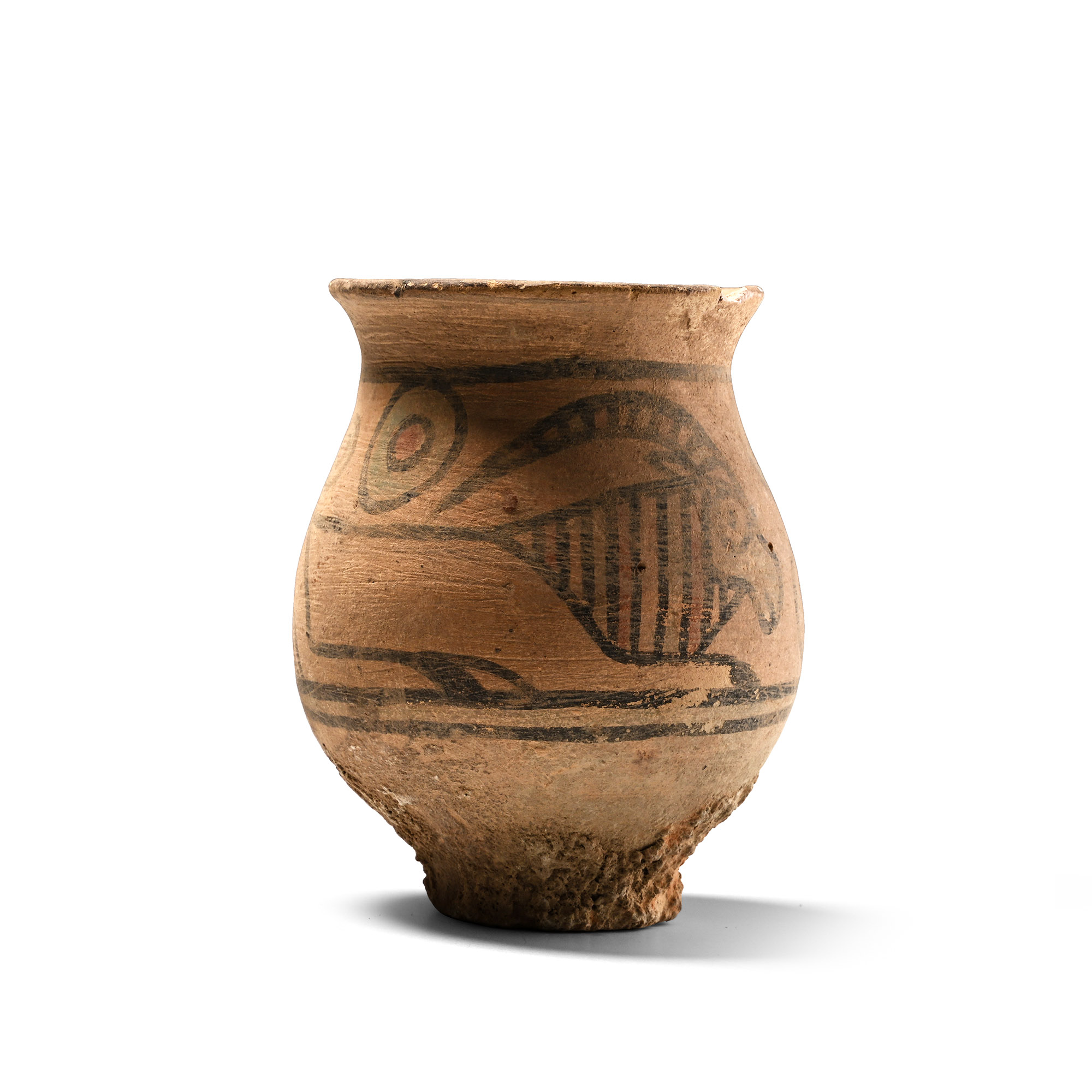 Painted terracotta vessel with an ibex and a bird