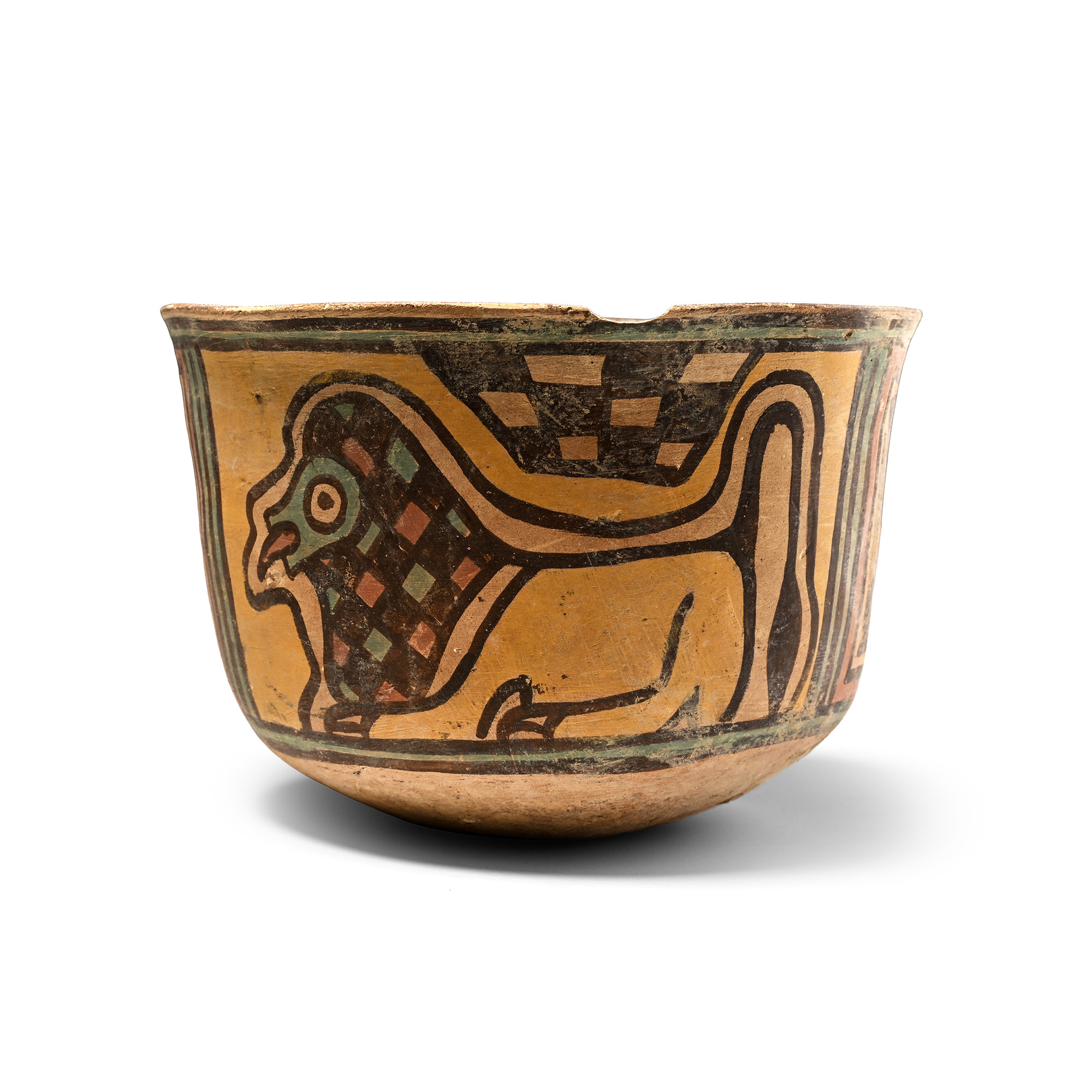 A painted Indus-borderland bowl with a checkerboard-bodied feline and a pair of fish in red, black and green on buff