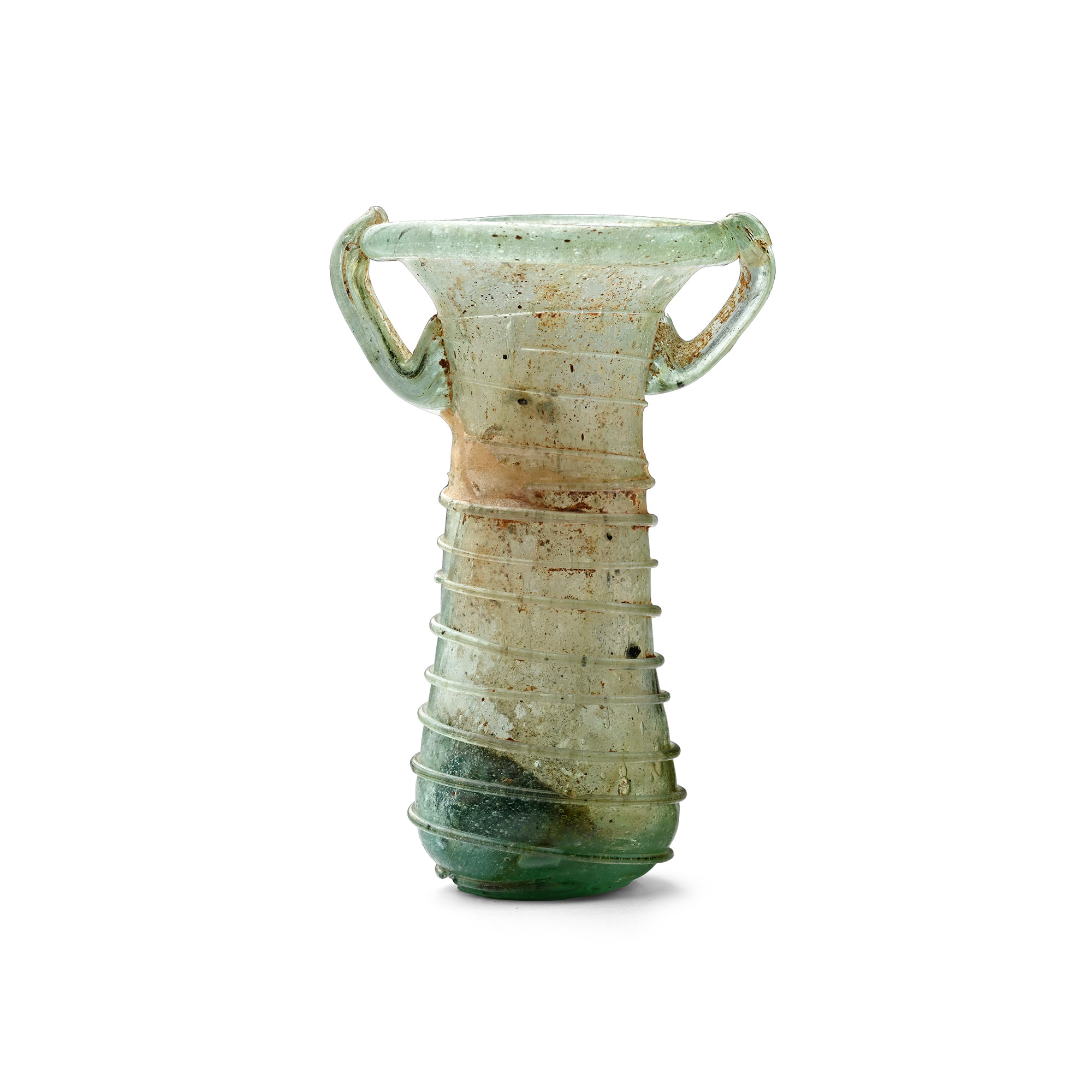 Roman Two-Handled Cylindrical Glass Flask with Trailing