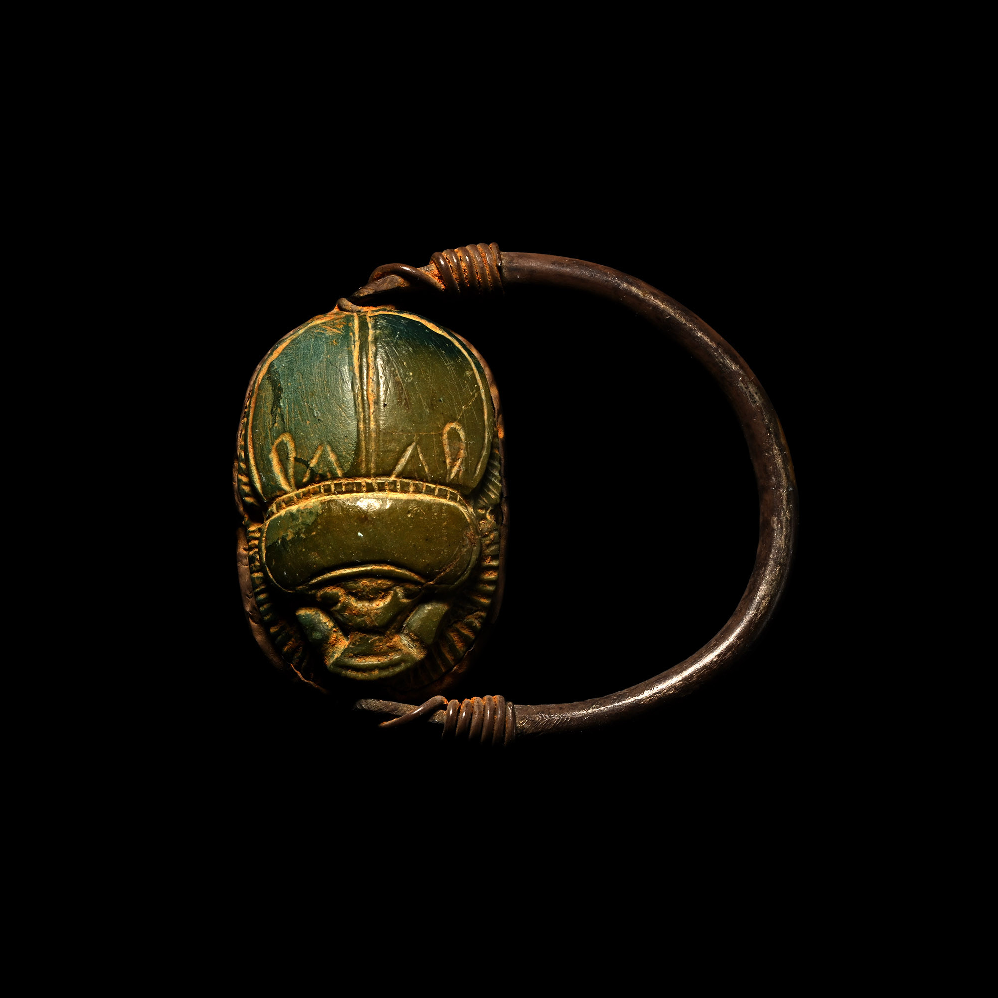 Egyptian Green Stone Scarab in Silver Swivel Ring