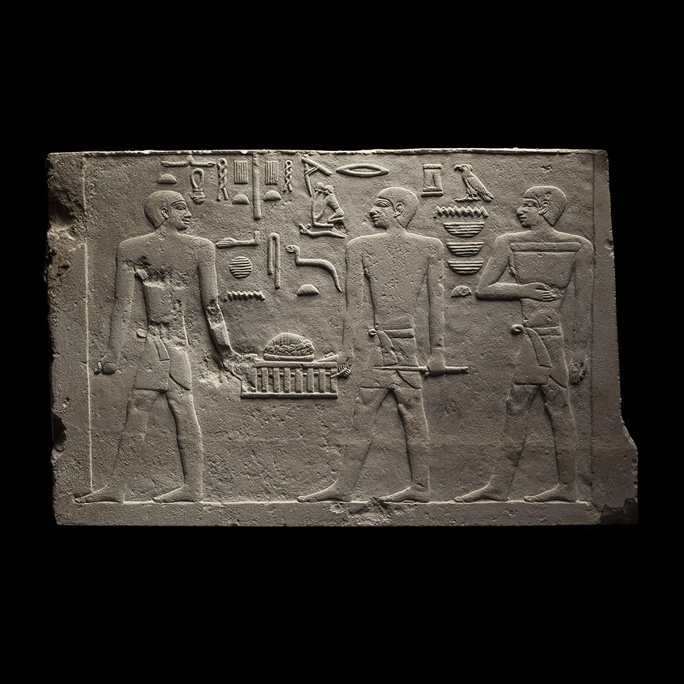 Egyptian Limestone Bas-Relief Panel of Ptah Presiding Over the Smelting of Metals