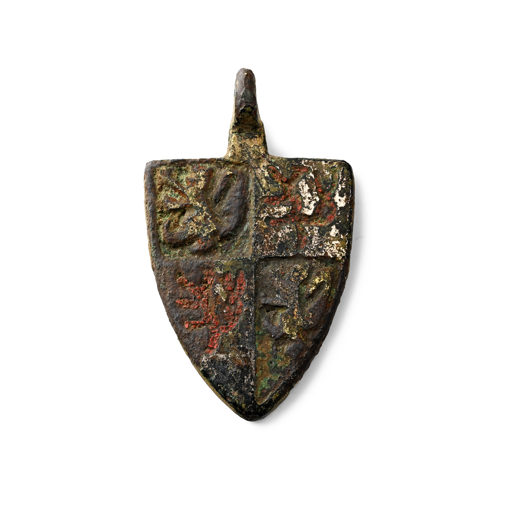 Medieval Enamelled Gilt Bronze Heraldic Horse Harness Pendant for Philippa of Hainault, Queen of Edward III