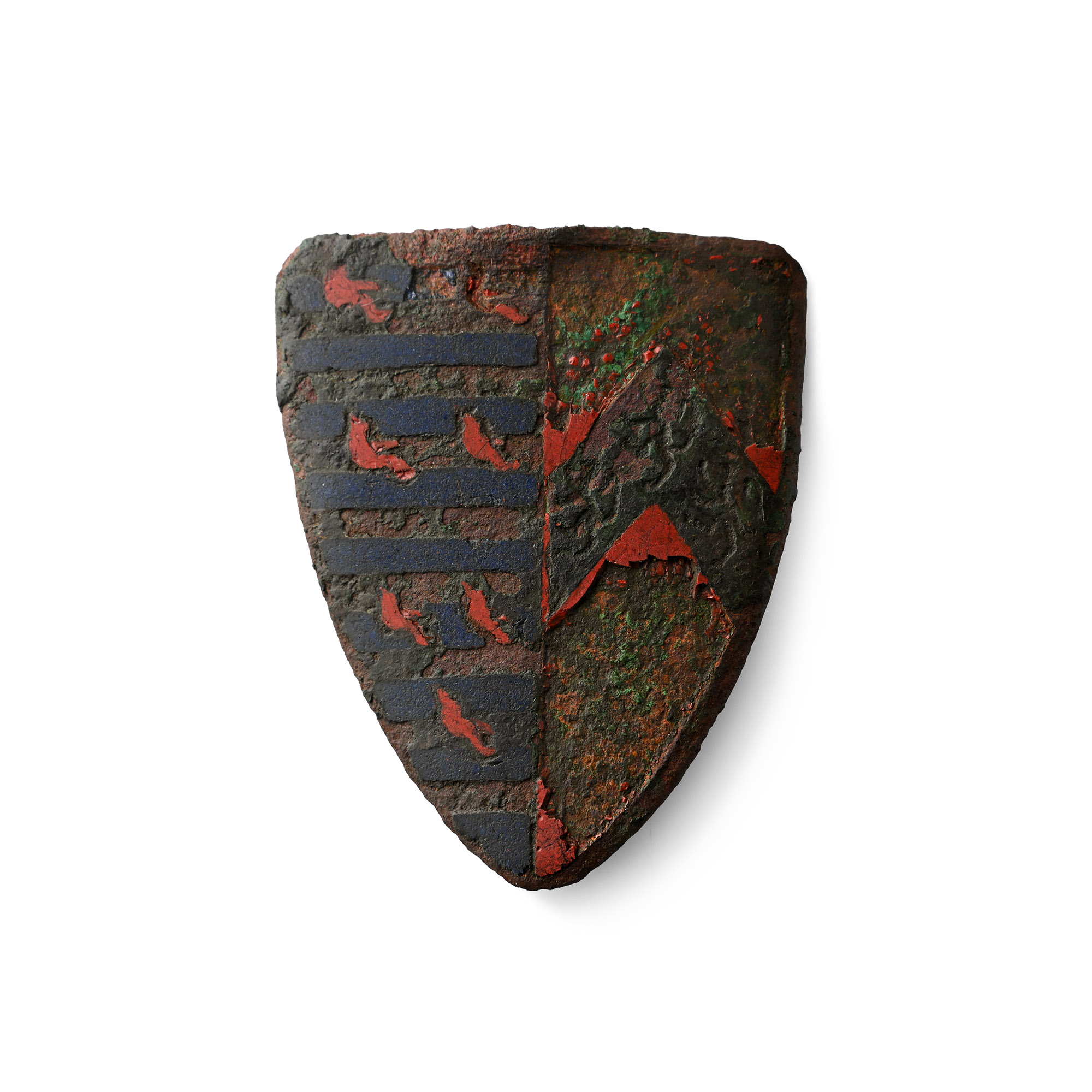 Large Medieval Knight's Enamelled Bronze Heraldic Plaque with the Arm of the Valance Family, Earls of Pembroke and those of the Barons of Cobham in Kent