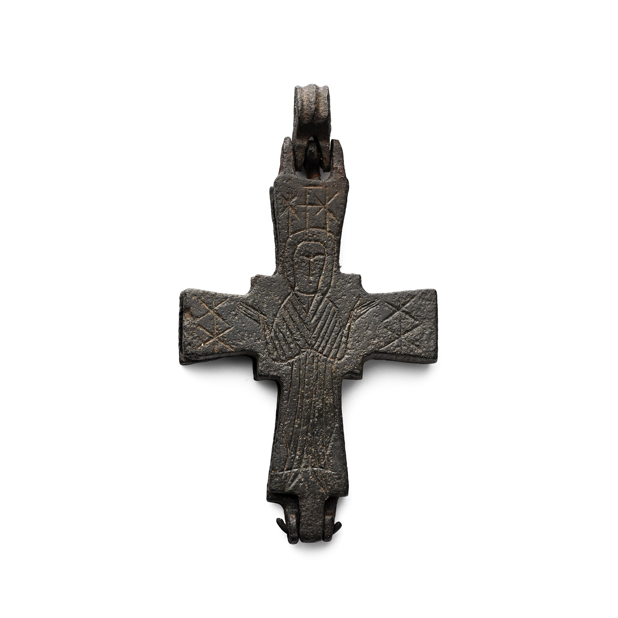 Byzantine Bronze Reliquary Cross Pendant