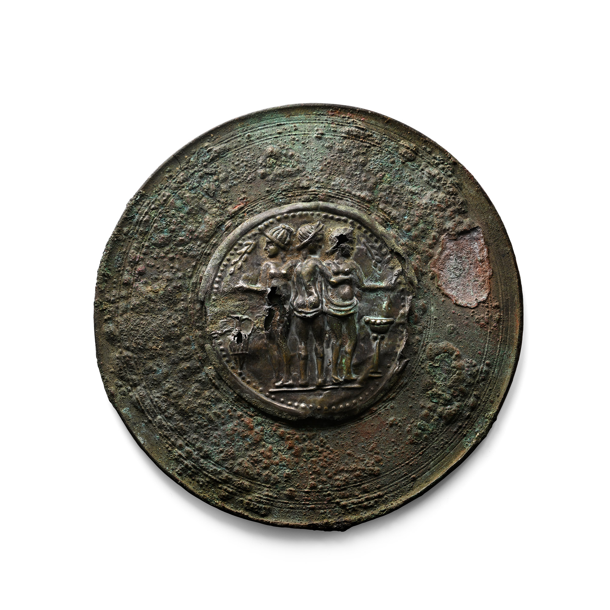 Large Roman Bronze Mirror with Three Graces Silver Plaque