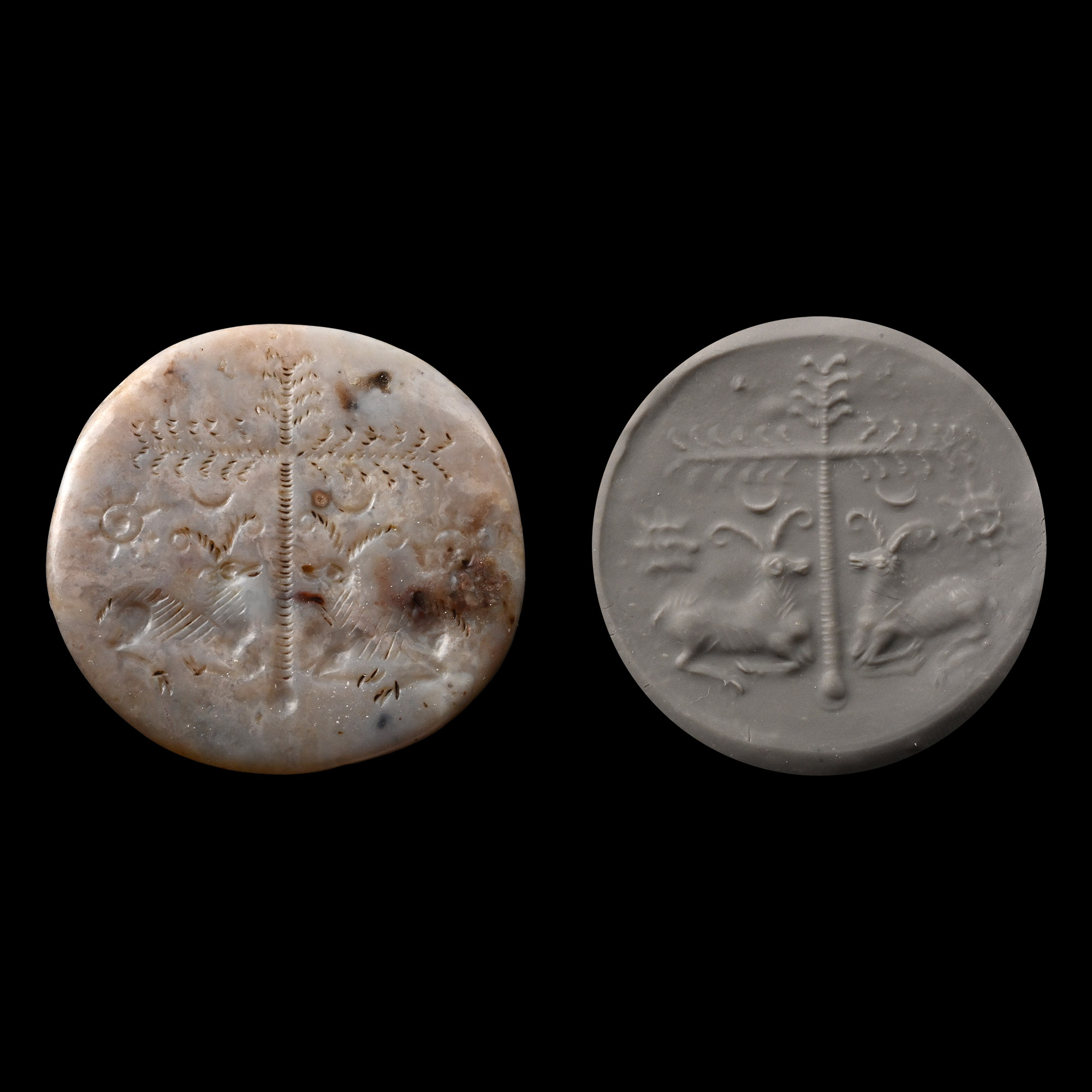 Early Dynastic Agate Stamp Seal with Recumbent Ibexes