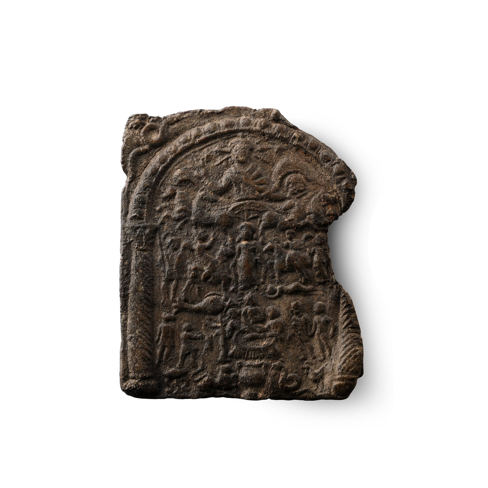 Roman Danubian Votive Lead Plaque with Dioscuri and Helen of Troy