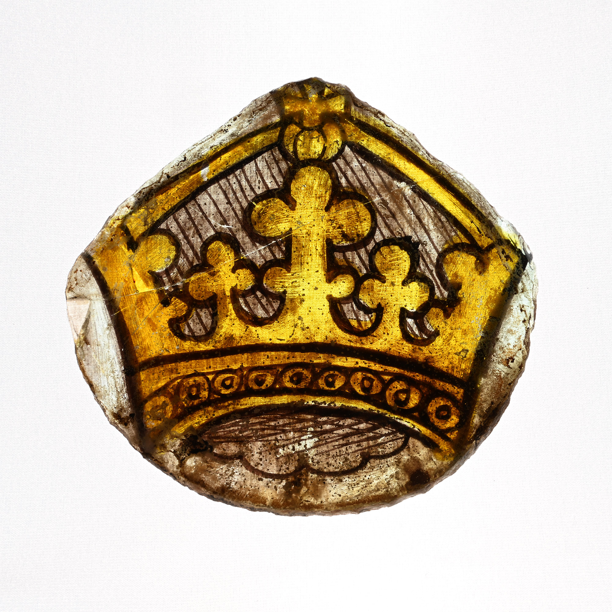 Medieval Stained Glass Panel with Gold Crown