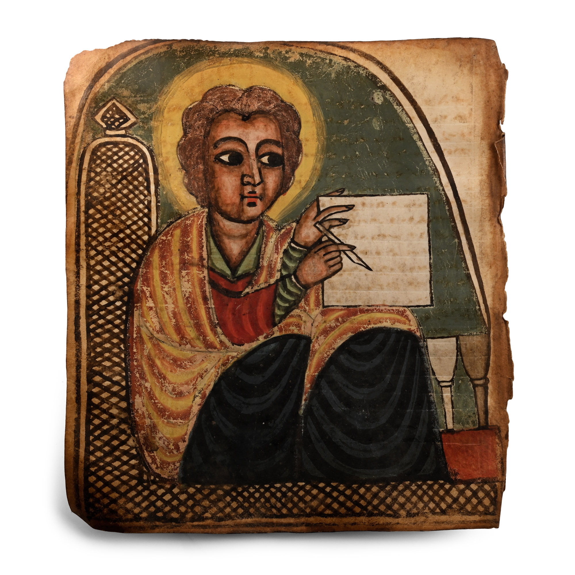 Large Ethiopian Gospel Manuscript Page with Evangelist Portrait