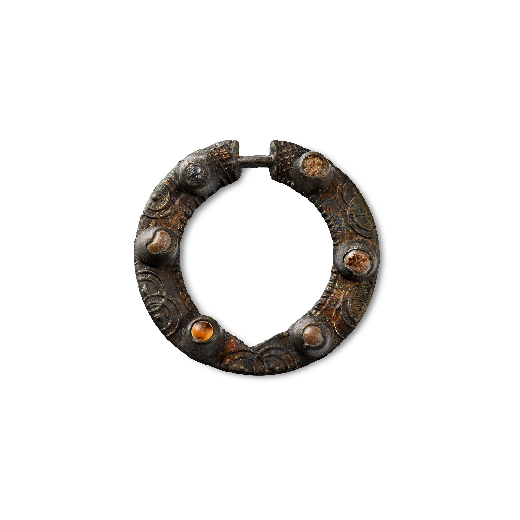 Medieval Bronze Turret Ring Brooch with Cabochons