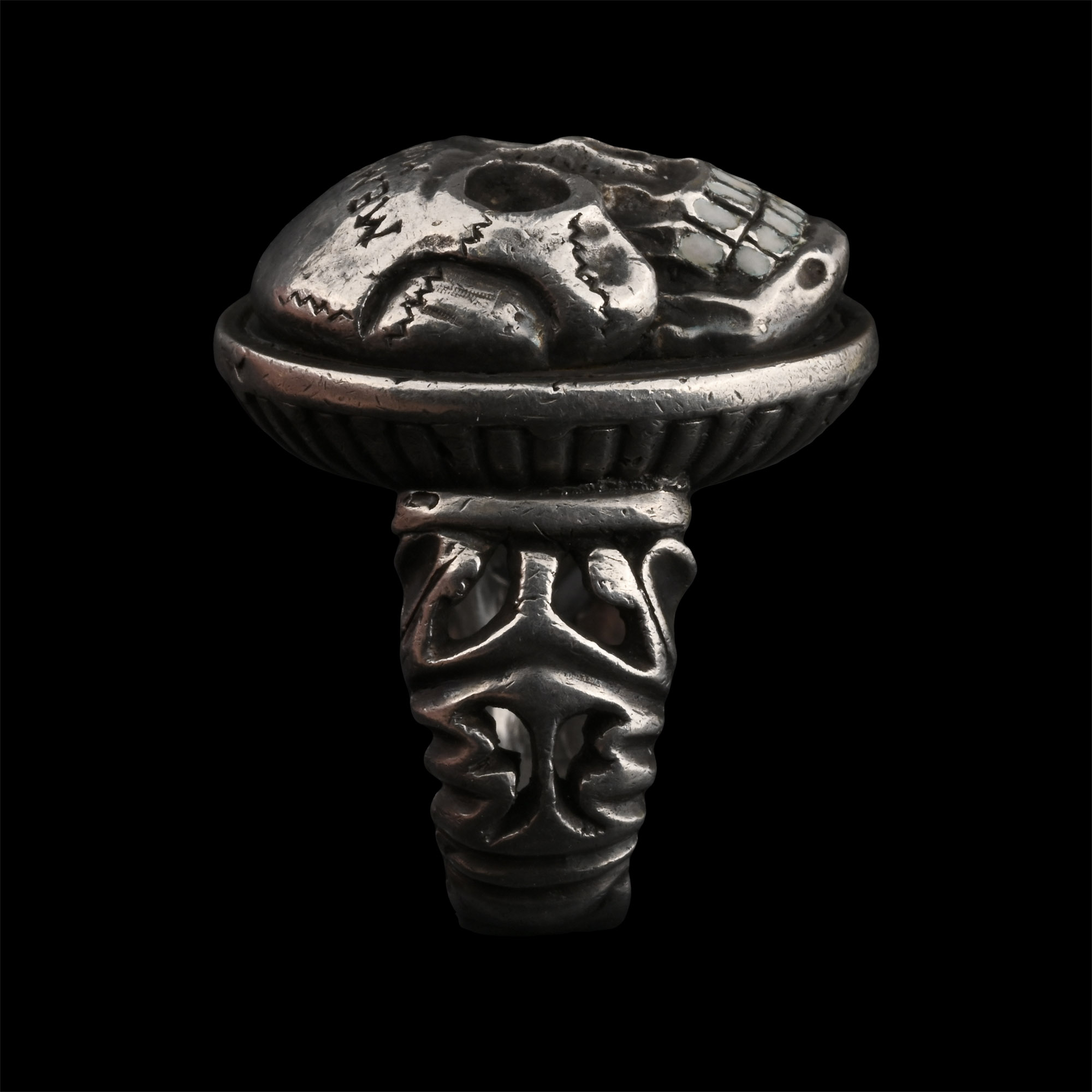 Large Enamelled Silver Memento Mori Skull Ring